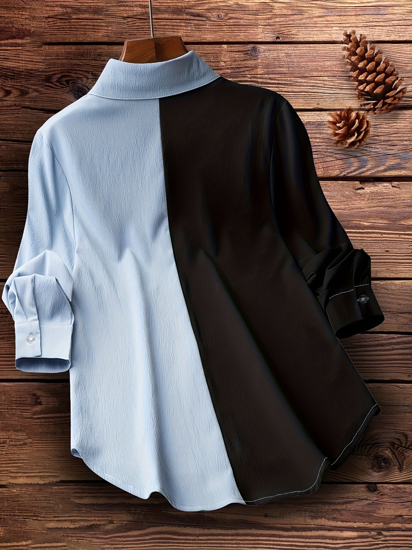 Sixsr Colorblock Polo Collar Button Shirt, Casual Long Sleeve Shirt For Spring & Fall, Women's Clothing