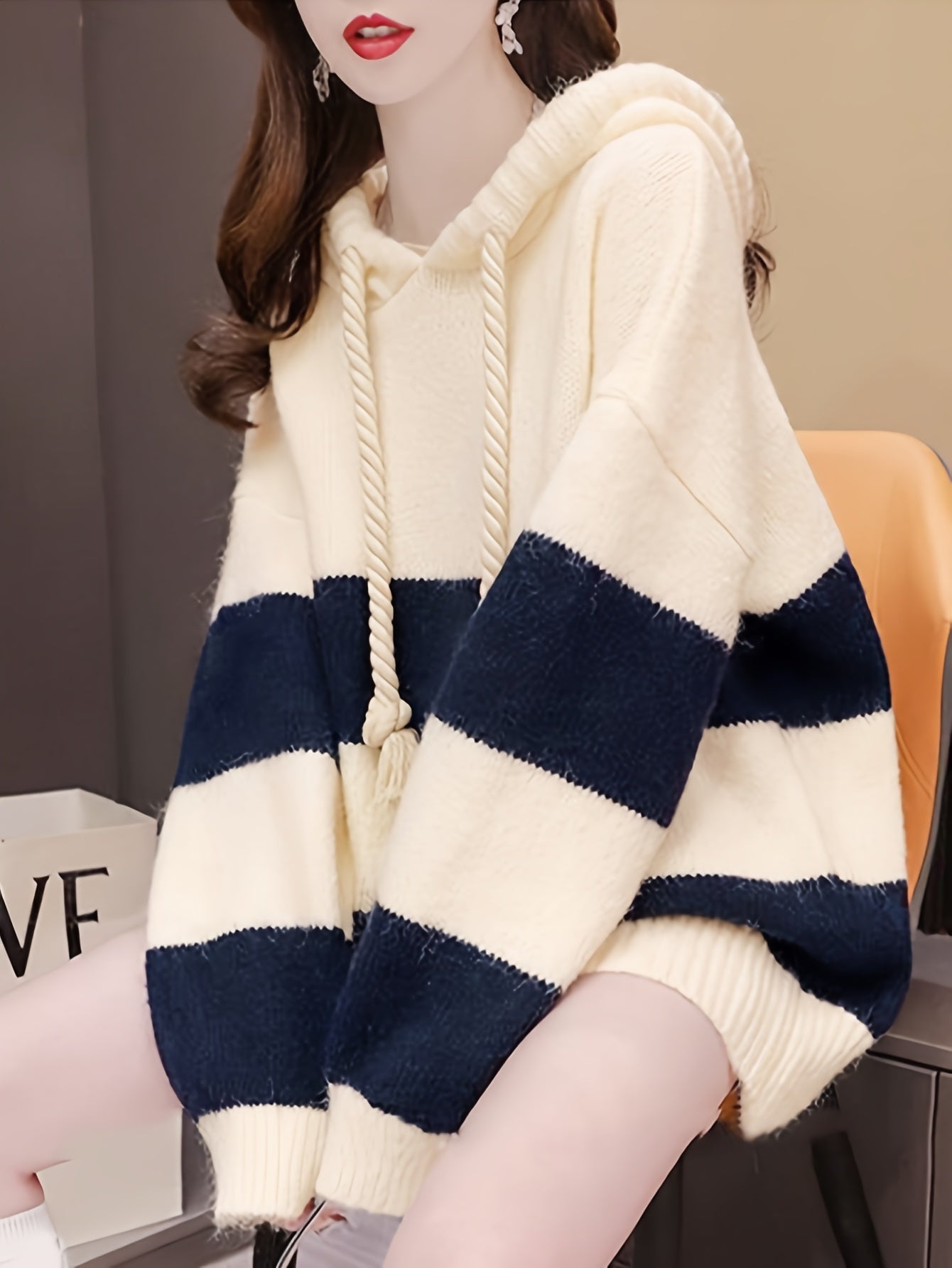 Sixsr Color Block Drawstring Hooded Sweater, Casual Long Sleeve Oversized Pullover Sweater, Women's Clothing