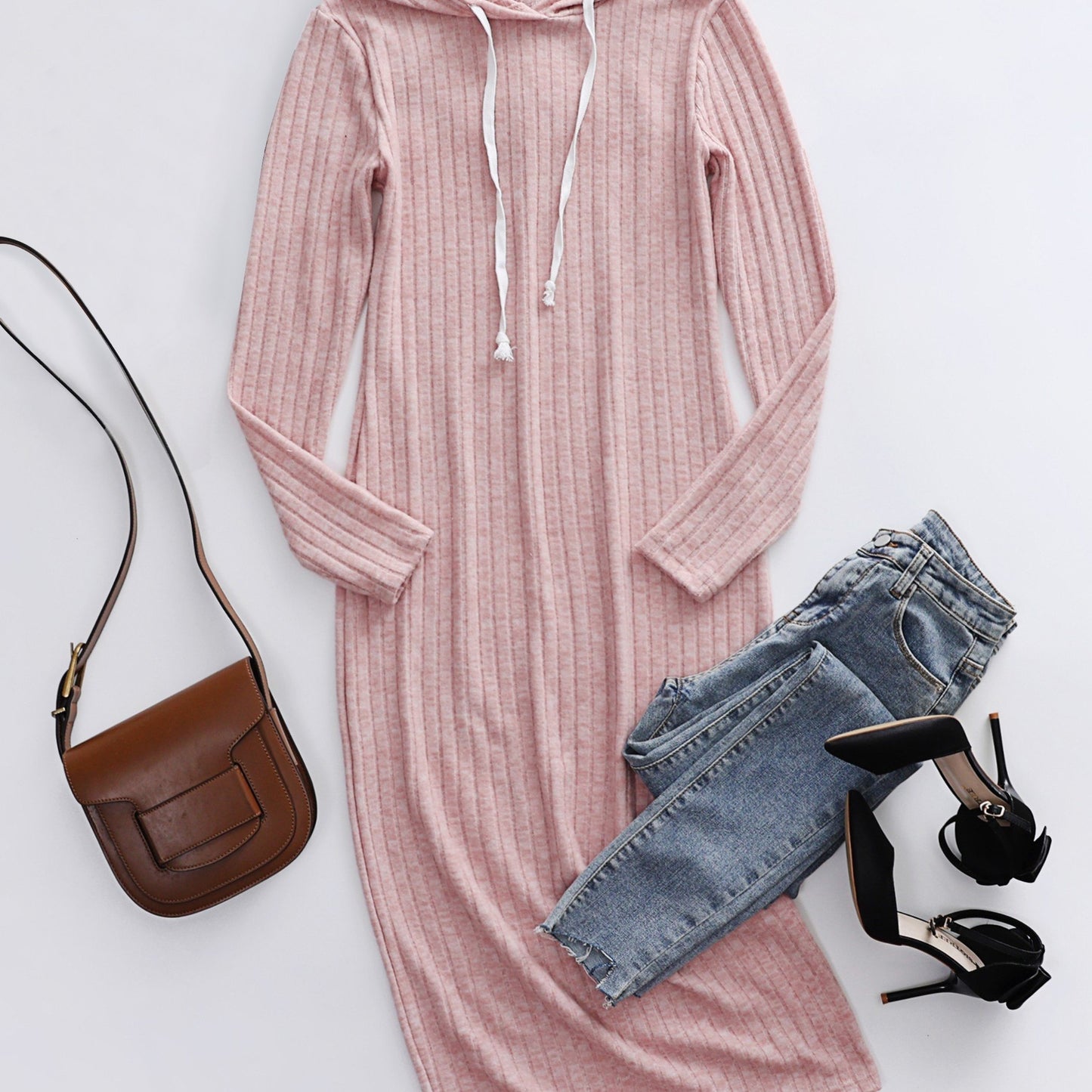 Sixsr Ribbed Knit Drawstring Hoodie Dress, Casual Long Sleeve Dress For Spring & Fall, Women's Clothing
