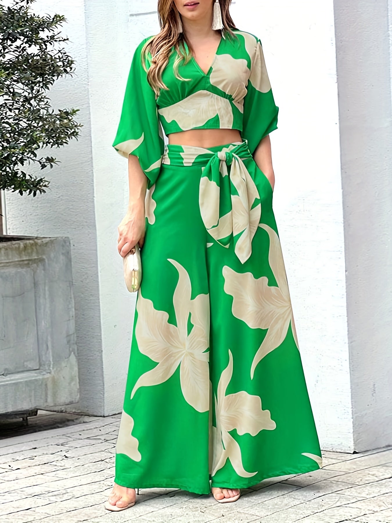 Floral Print V-neck Lace Up Suit, High Waist Wide Leg Pants And Lantern Sleeve V-neck Top Set, Women's Clothing