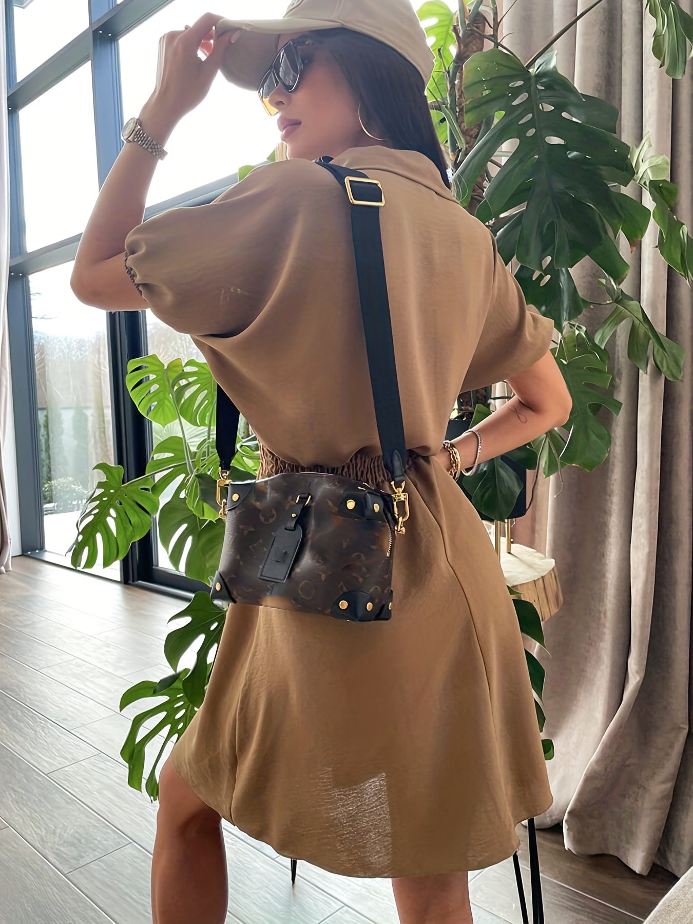 Sixsr Solid Smocked Waist Dress, Casual Button Front Turn Down Collar Short Sleeve Dress, Women's Clothing