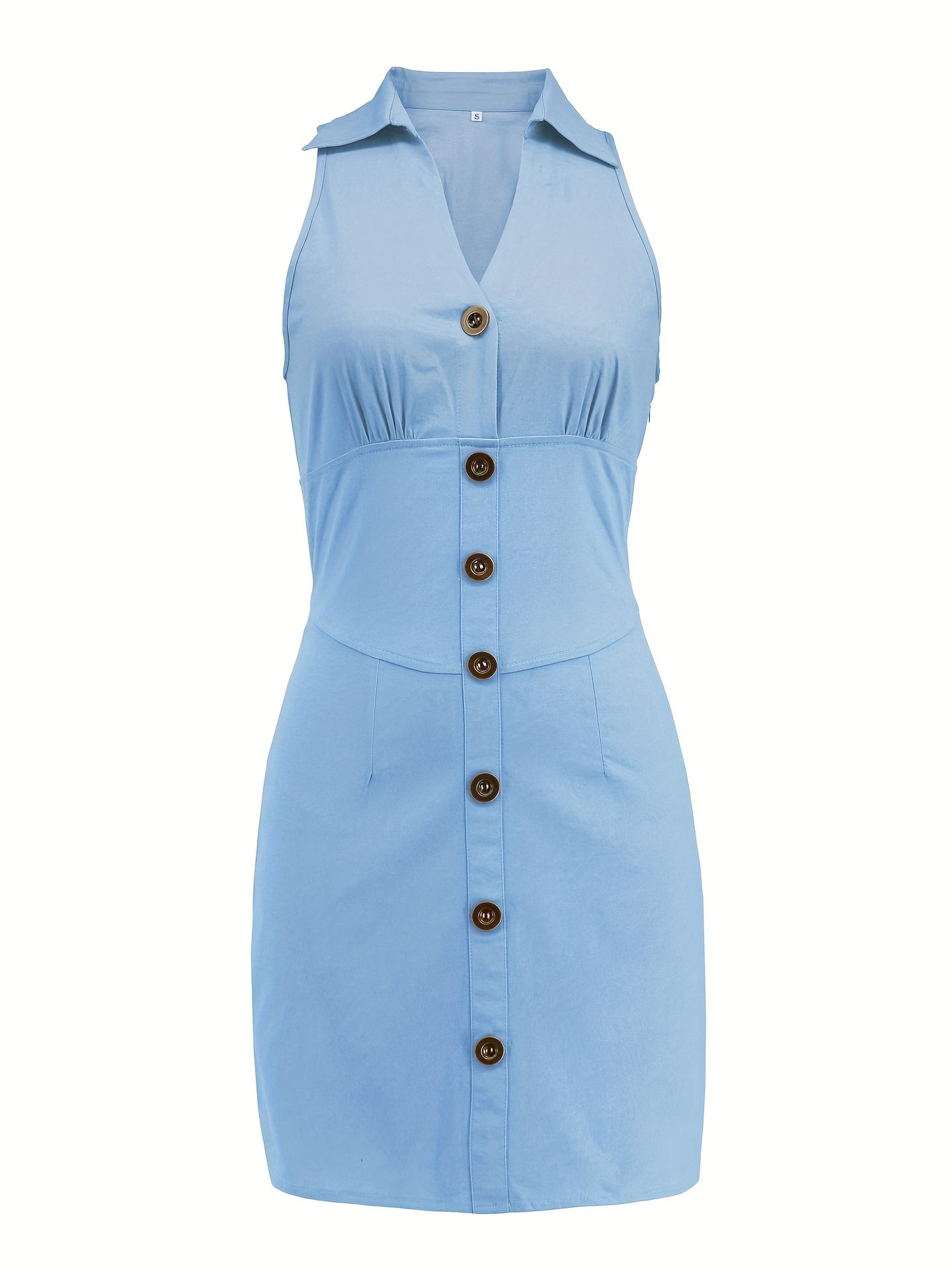 Sixsr Solid Buttons Dress, Sexy Sleeveless Ruched Collar Summer Dress, Women's Clothing