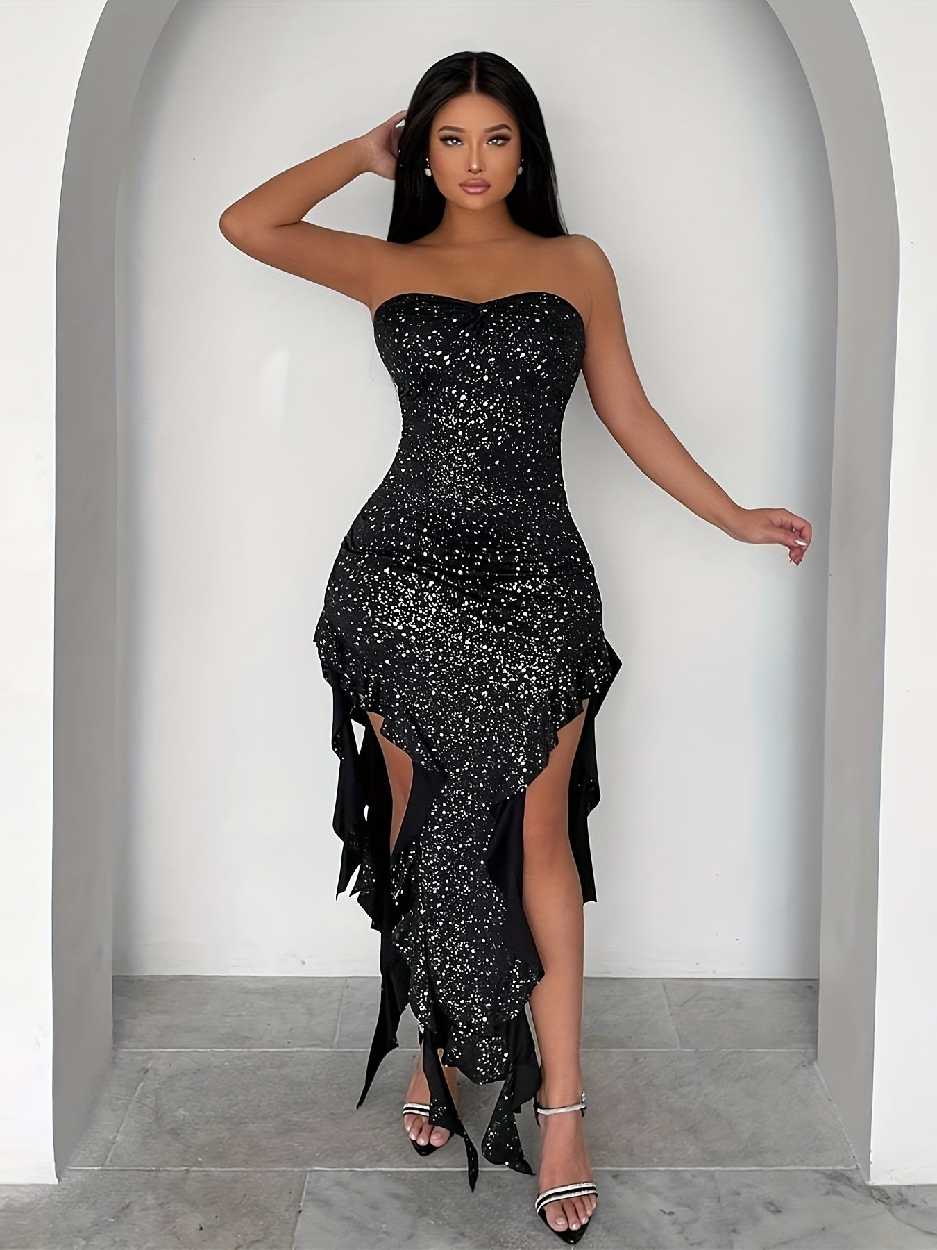 Sixsr Ruffle Trim Split Thigh Dress, Elegant Off Shoulder Bodycon Party Dress, Women's Clothing