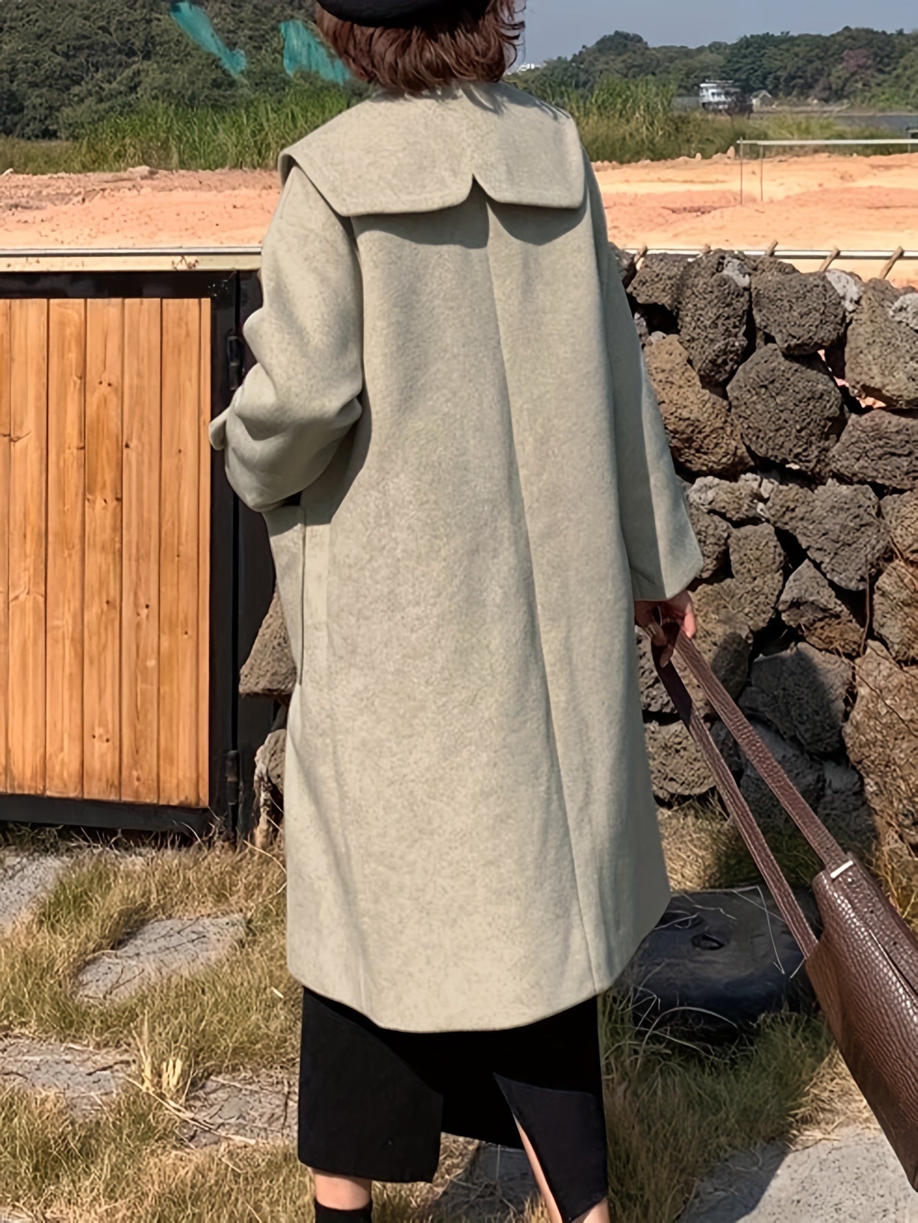 Sixsr Peter Pan Collar Patched Pockets Overcoat, Preppy Long Sleeve Button Front Overcoat, Women's Clothing