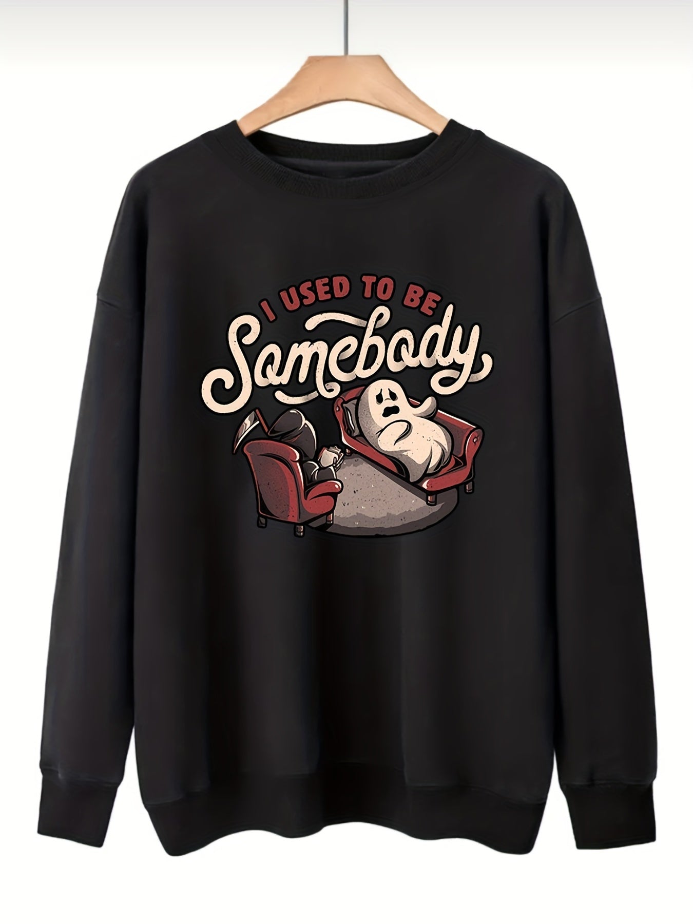 Sixsr Plus Size Halloween Sweatshirt, Women's Plus Funny Ghost & Slogan Print Long Sleeve Round Neck Slight Stretch Party Sweatshirt