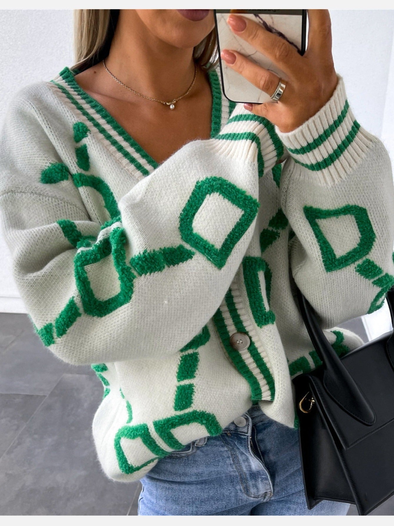 Sixsr High Contrast Knit Cardigan, V-Neck Button Up Cardigan Sweater, Casual Tops For Fall & Winter, Women's Clothing