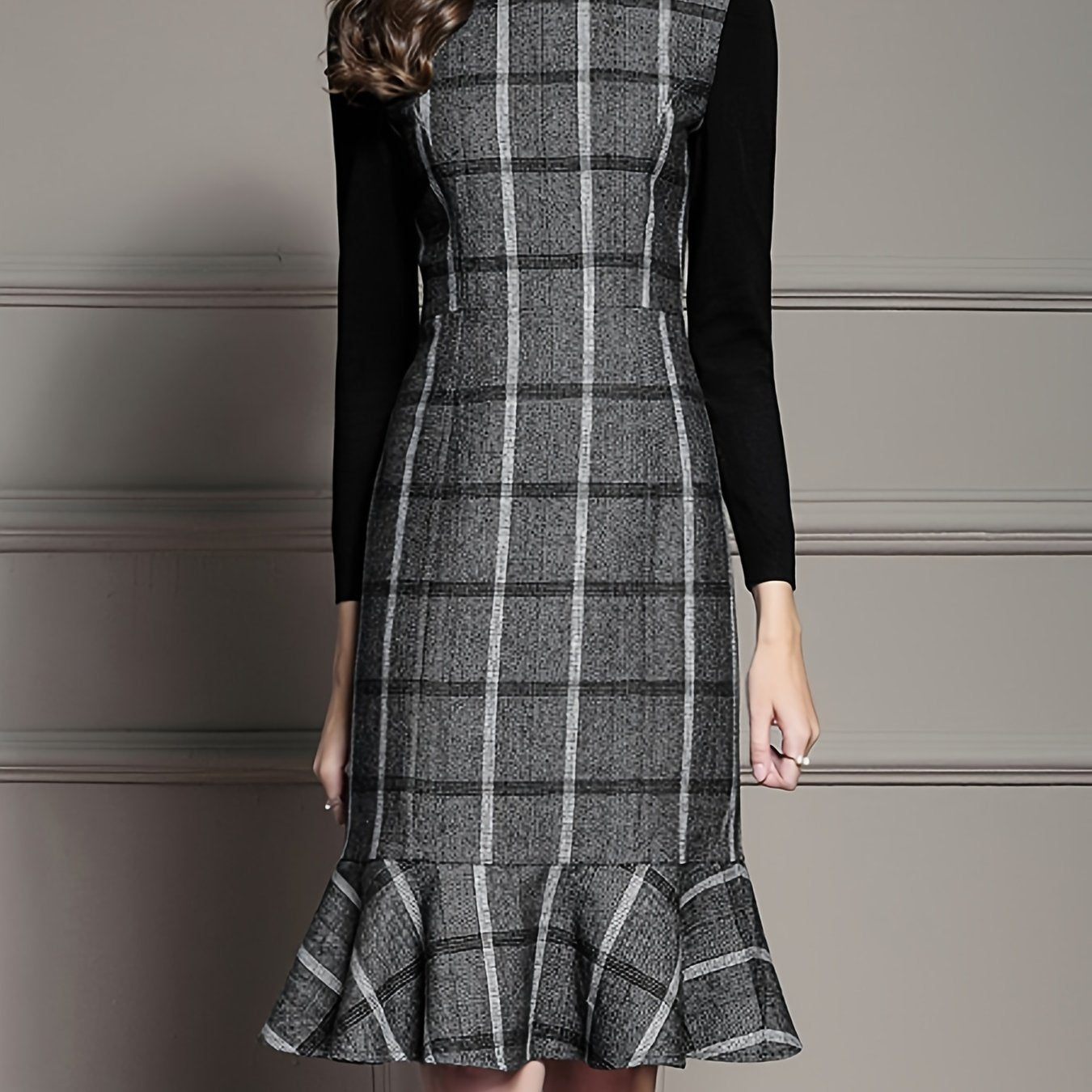 Sixsr Plaid Print Mermaid Hem Dress, Elegant Long Sleeve Bodycon Party Dress, Women's Clothing