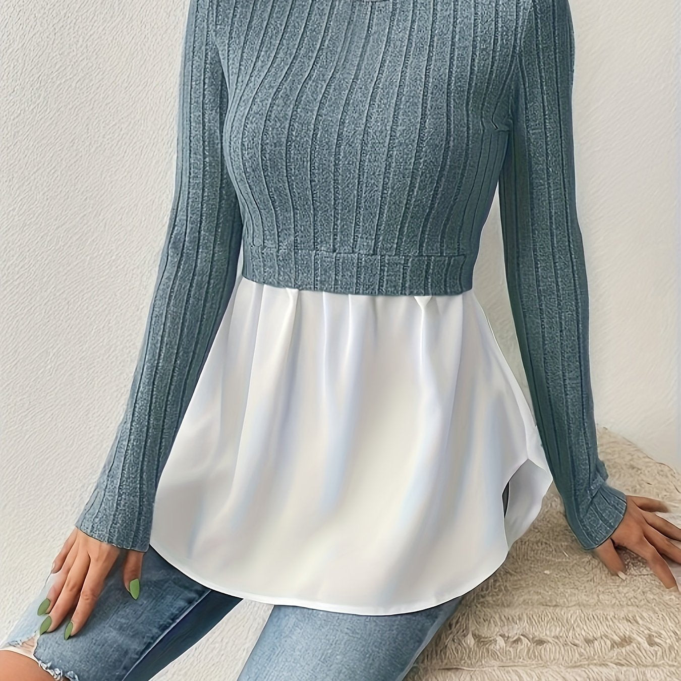 Sixsr 2 In 1 Ribbed Paneled Crew Neck T-Shirt, Casual Long Sleeve Top For Spring & Fall, Women's Clothing