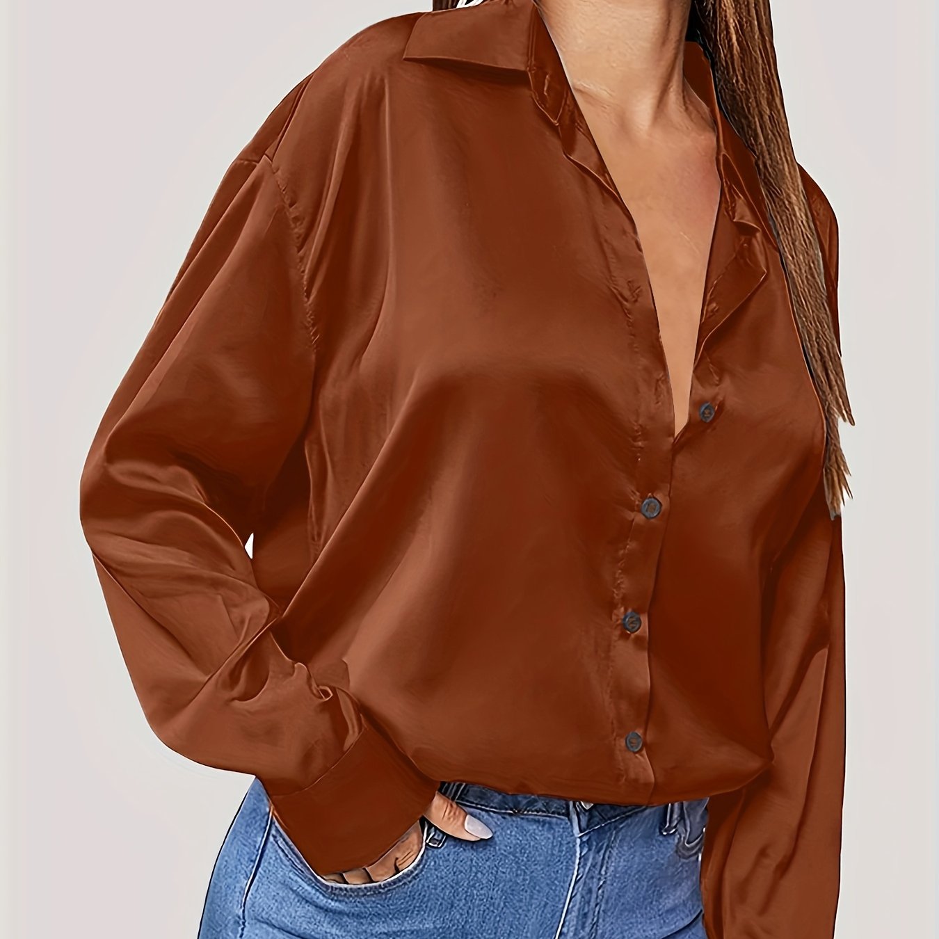 Sixsr Plus Size Casual Blouse, Women's Plus Solid Satin Button Up Long Sleeve Turn Down Collar Blouse