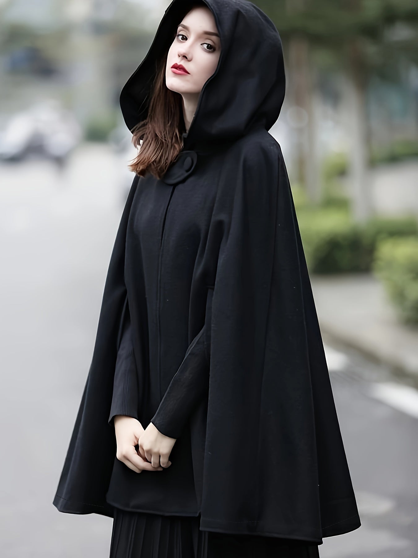 Sixsr Plus Size Elegant Coat, Women's Plus Solid Split Cape Sleeve Button Detail Hooded Shawl Coat