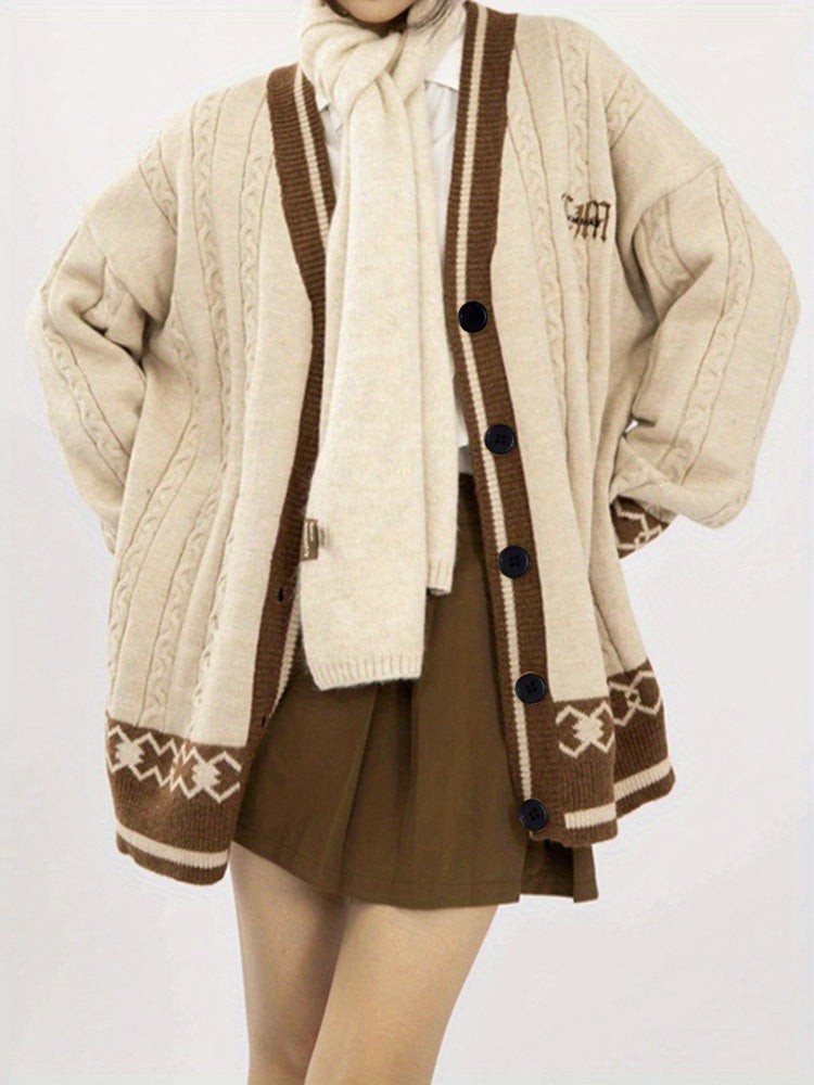 Sixsr Preppy Cable Knit Button Down Cardigan, Casual Long Sleeve Fall Winter Sweater Coat, Women's Clothing