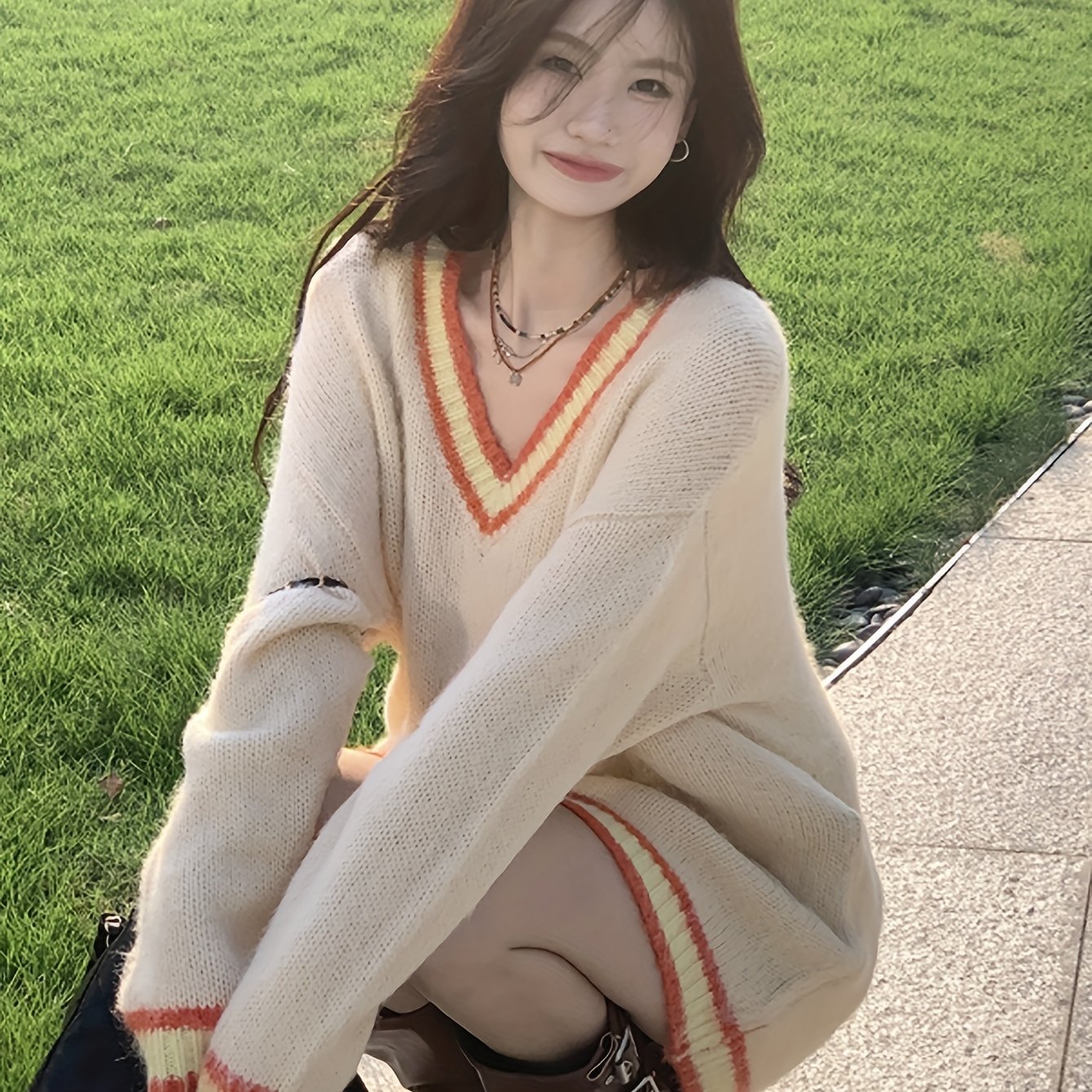 Sixsr Contrast Trim V Neck Pullover Sweater, Casual Long Sleeve Mid Length Cozy Sweater, Women's Clothing