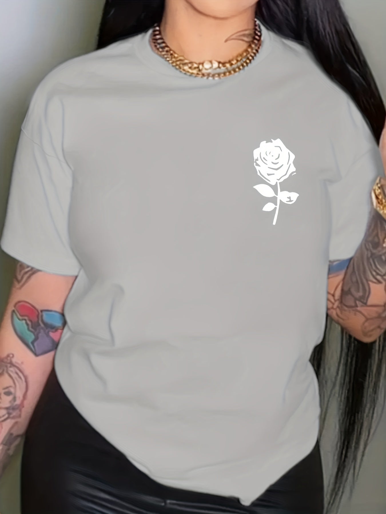 Sixsr Simple Floral Print Crew Neck T-shirt, Casual Loose Short Sleeve Summer T-Shirts Tops, Women's Clothing