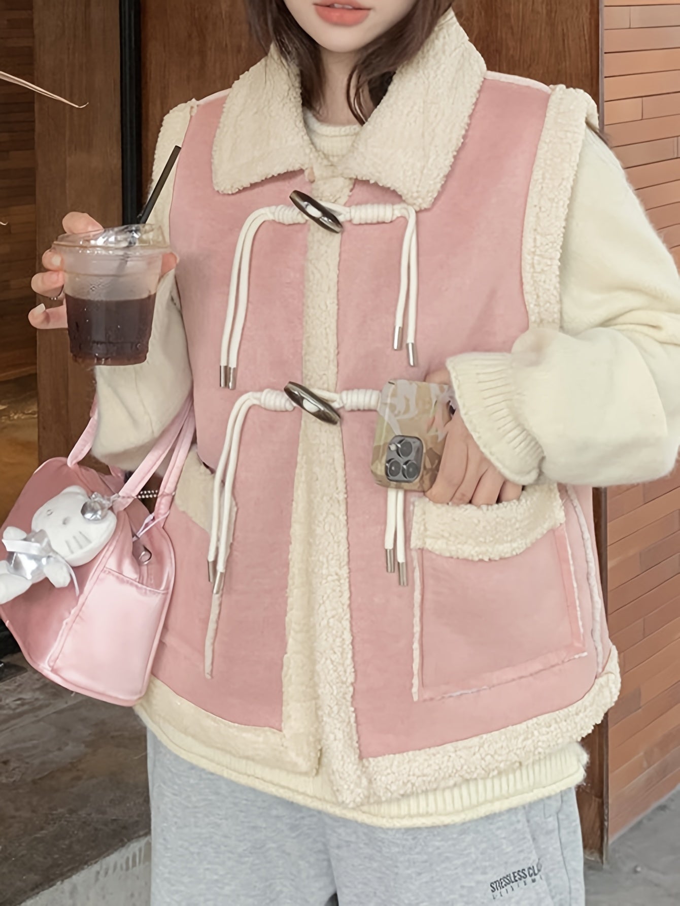 Sixsr Fuzzy Trim Solid Vest, Casual Buckle Front Sleeveless Warm Vest, Women's Clothing