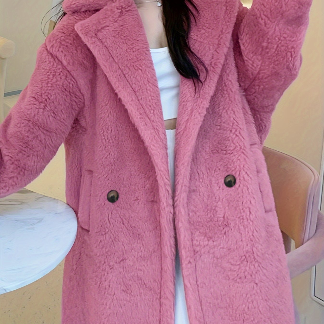 Sixsr Notched Collar Button Front Plush Coat, Casual Thermal Long Sleeve Teddy Bear Coat For Fall & Winter, Women's Clothing