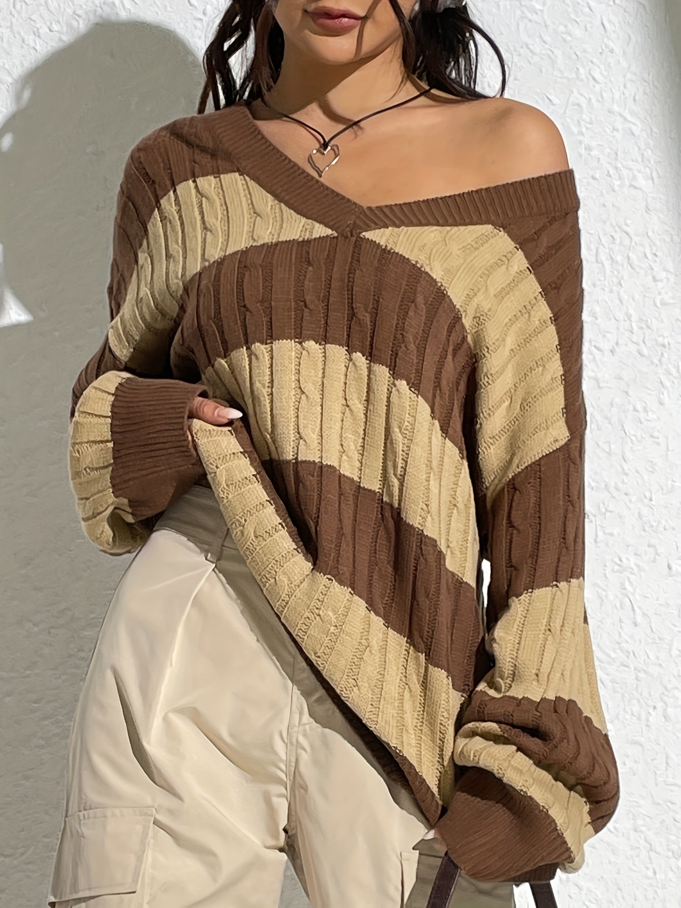 Sixsr Color Block V Neck Cable Knit Sweater, Casual Long Sleeve Drop Shoulder Sweater, Women's Clothing