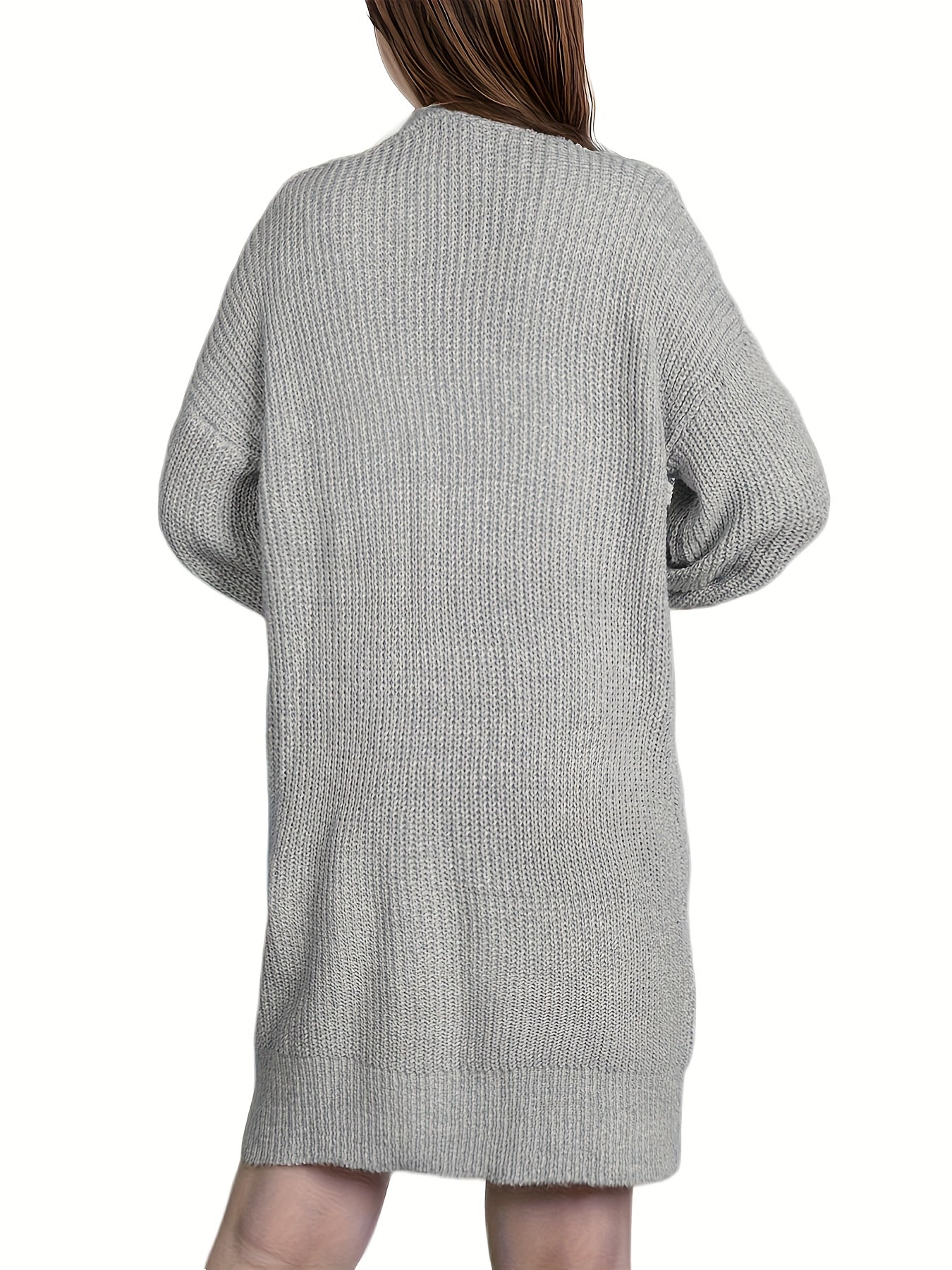 Sixsr Drop Shoulder Mid Length Knit Cardigan, Casual Open Front Long Sleeve Sweater, Women's Clothing