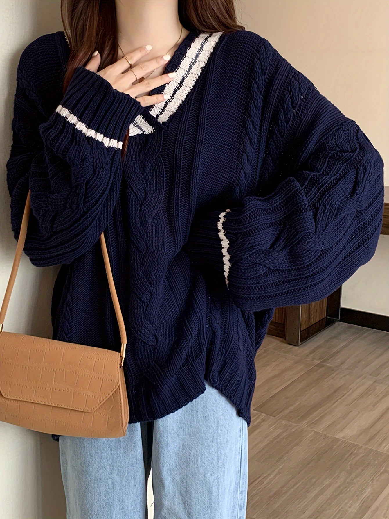 Sixsr Cable Knit V Neck Pullover Sweater, Casual Long Sleeve Oversized Sweater, Women's Clothing