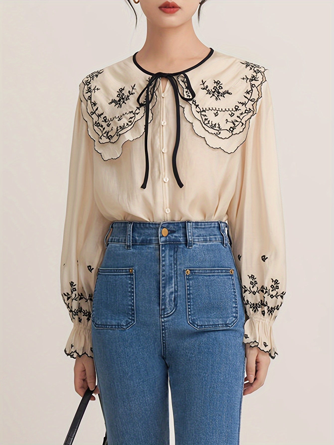 Sixsr Floral Embroidered Button Up Doll Collar Blouse, Long Sleeve Tie Neck Elegant Blouse, Women's Clothing