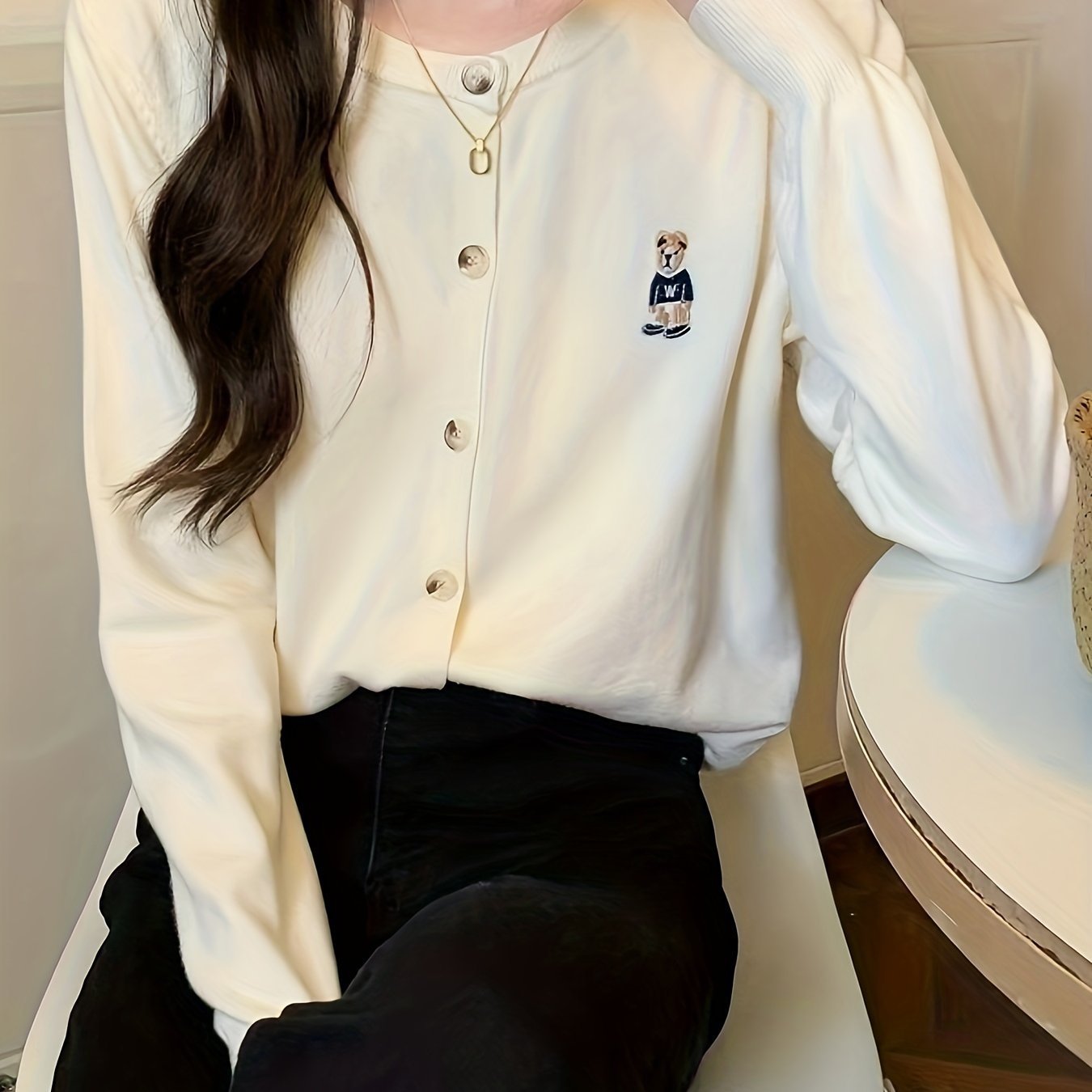 Sixsr Bear Pattern Button Front Cardigan, Casual Long Sleeve Cardigan For Spring & Fall, Women's Clothing