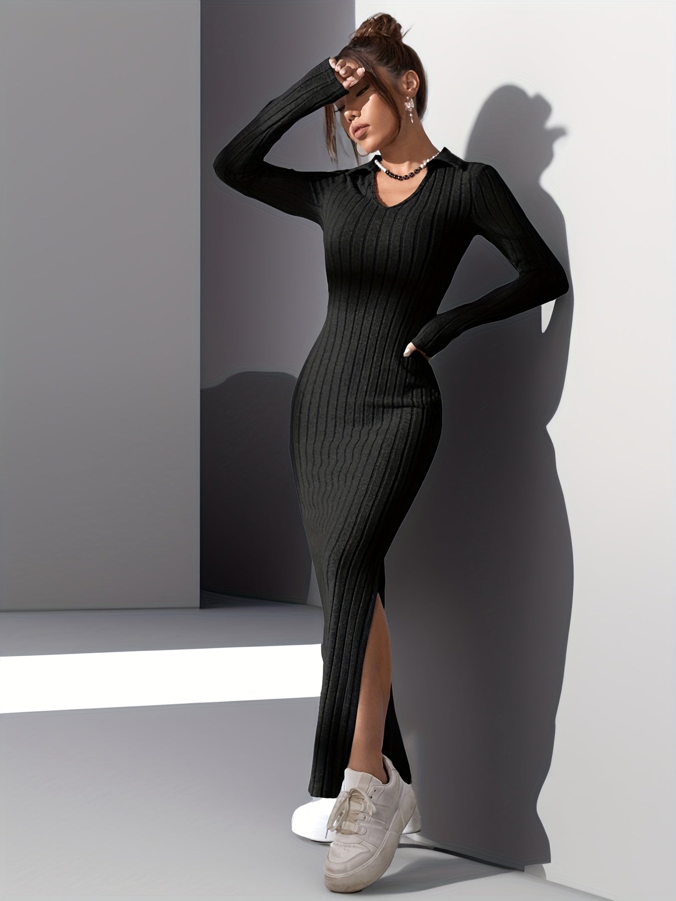 Sixsr Ribbed Split Dress, Casual V Neck Long Sleeve Maxi Dress, Women's Clothing