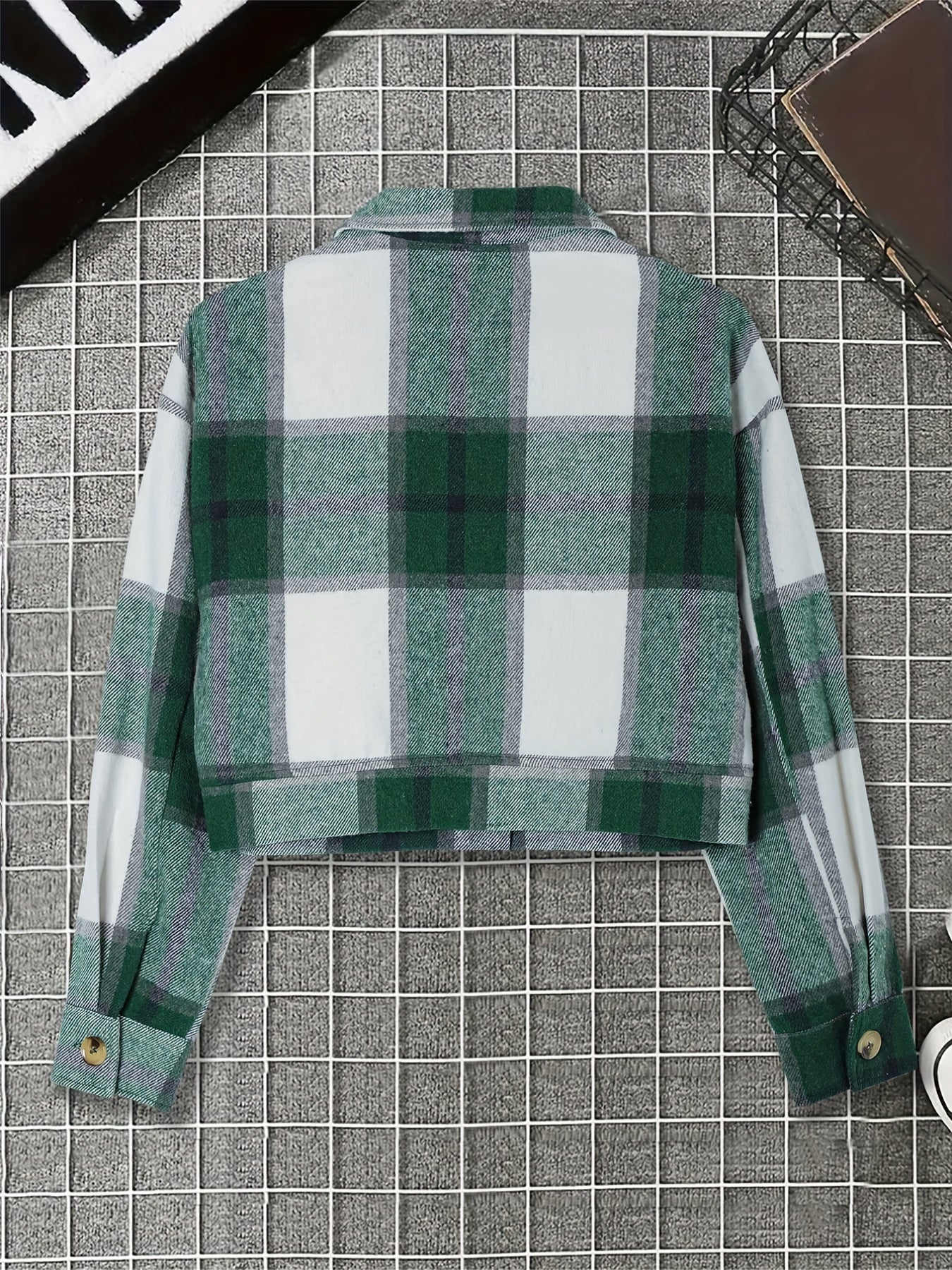 Plaid Print Button Front Jacket, Casual Long Sleeve Outerwear With Pocket, Women's Clothing