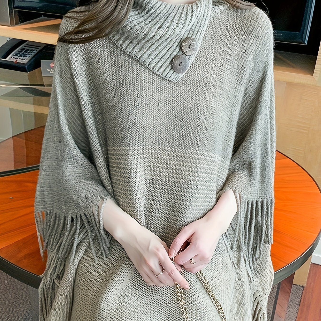 Sixsr Color Block Tassel Trim Cape Sweater, Boho Asymmetrical Collared Fashion Poncho Sweater, Women's Clothing