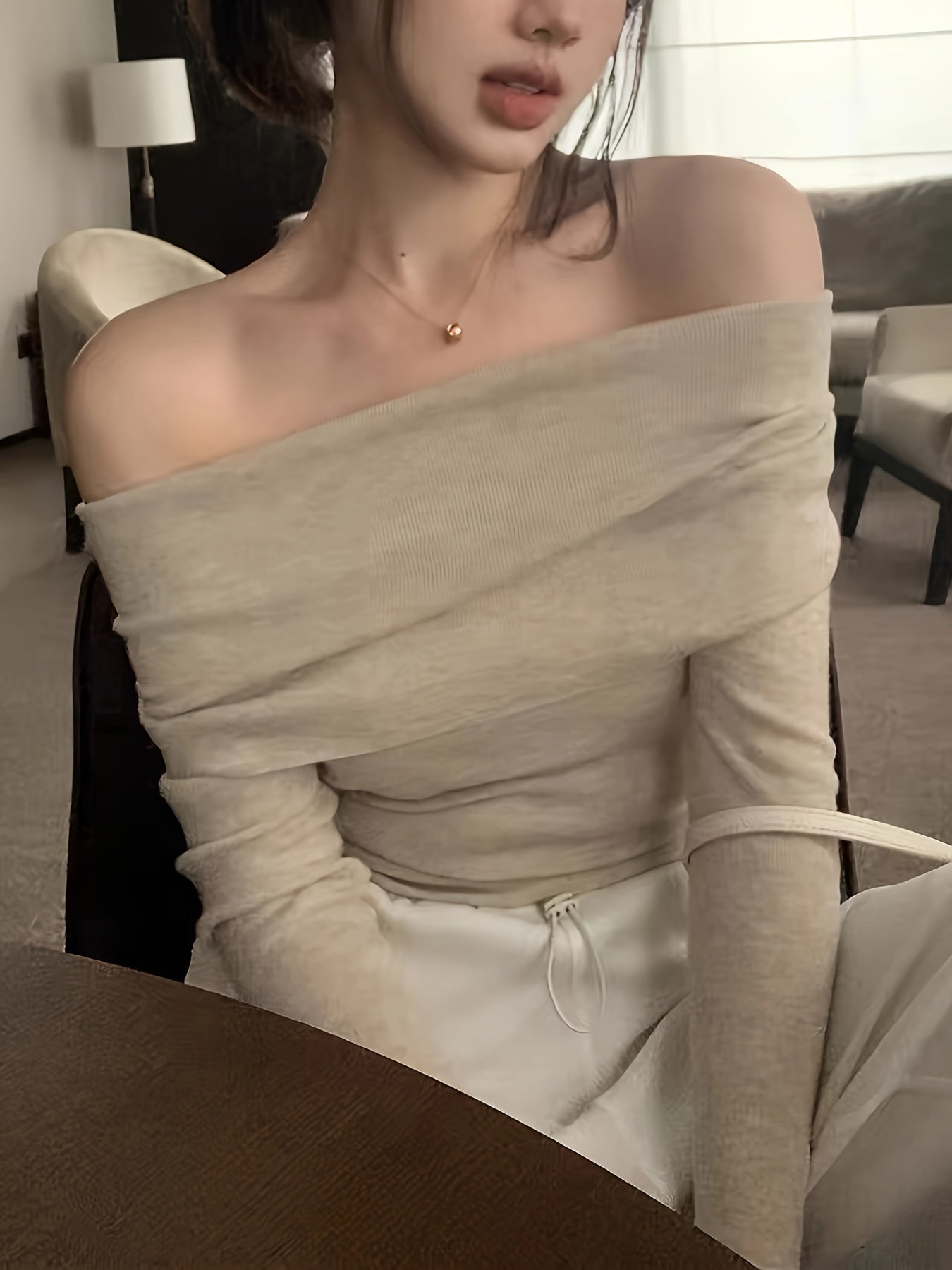 Sixsr Solid Off Shoulder Knitted Top, Y2K Long Sleeve Slim Sweater For Spring & Fall, Women's Clothing