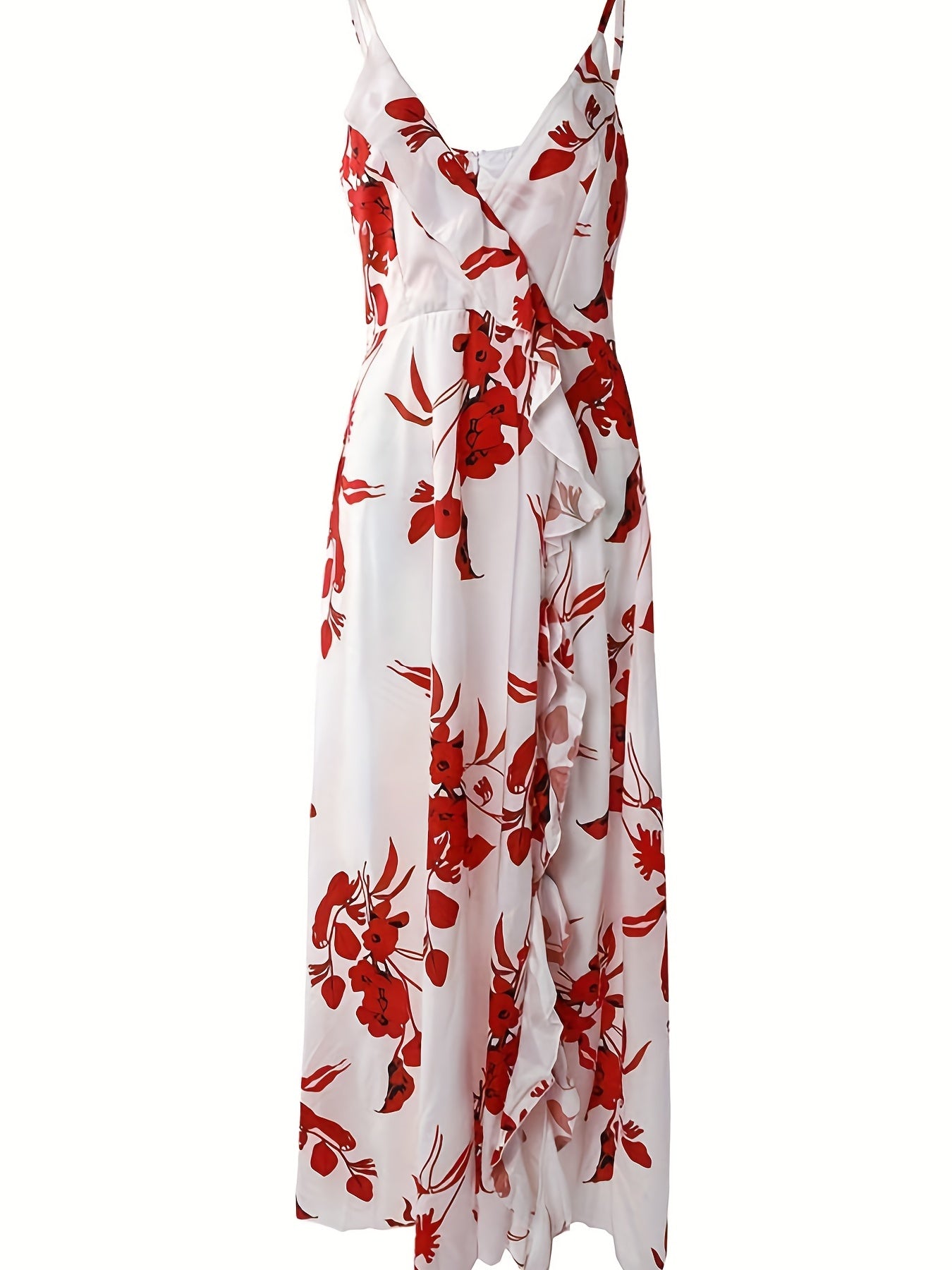 Floral Print Ruffle Trim Dress, Casual Split Thigh V Neck Dress, Women's Clothing