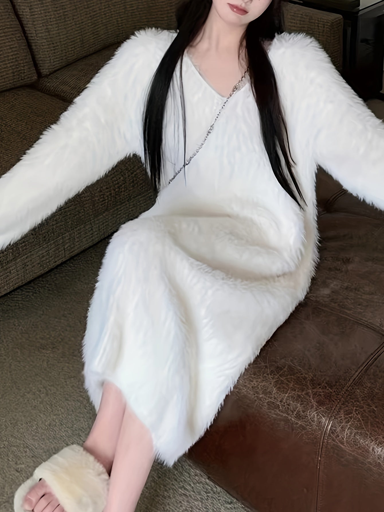 Sixsr Solid Faux Fur Long Sleeve Dress, Thermal V Neck Dress For Fall & Winter, Women's Clothing