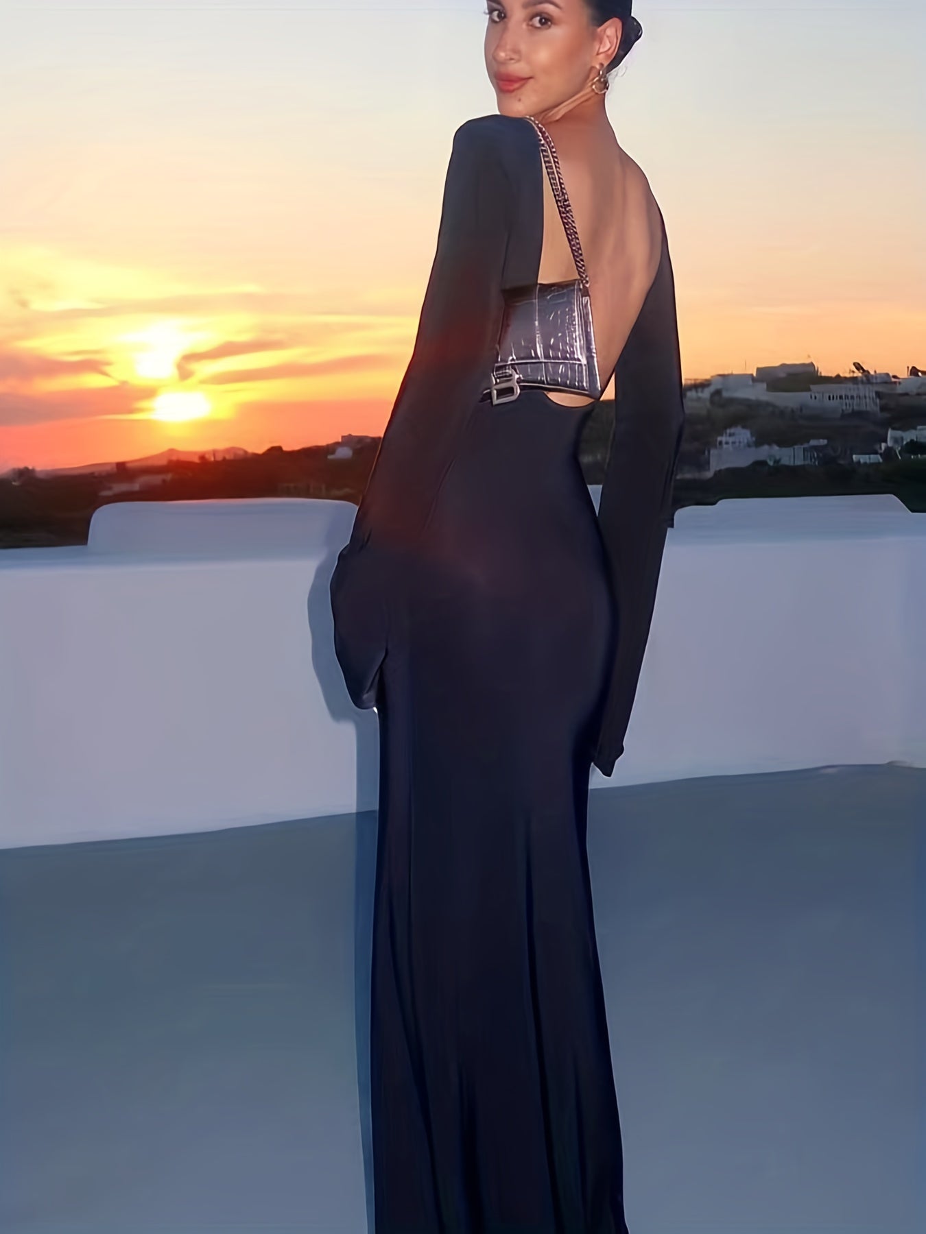 Sixsr Backless Solid Dress, Sexy Boat Neck Long Sleeve Maxi Dress, Women's Clothing