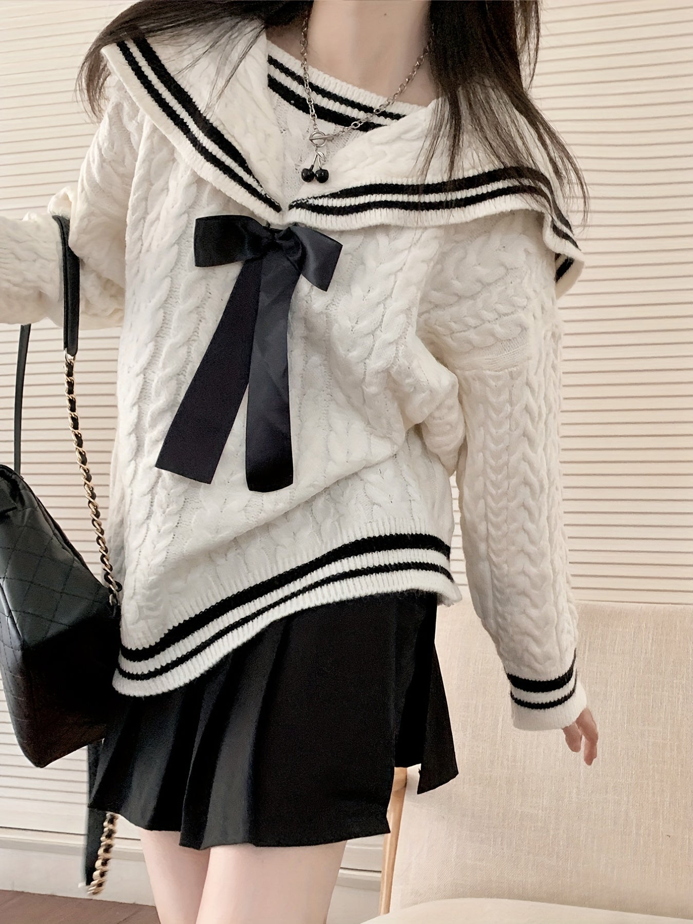 Sixsr Bow Tie Knit Sweater, Casual Sailor Collar Long Sleeve Sweater For Fall & Winter, Women's Clothing