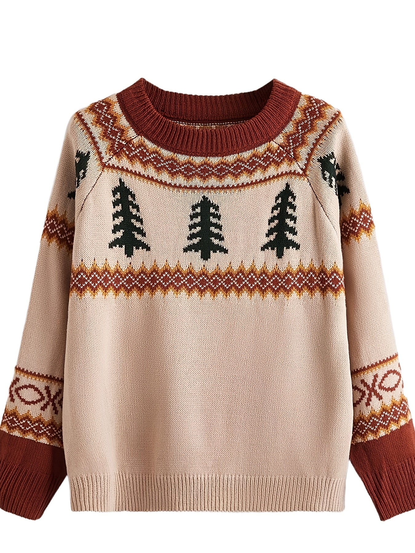 Sixsr Plus Size Christmas Jacquard Long Sleeve Sweater, Women's Plus Slight Stretch Casual Pullover Sweater