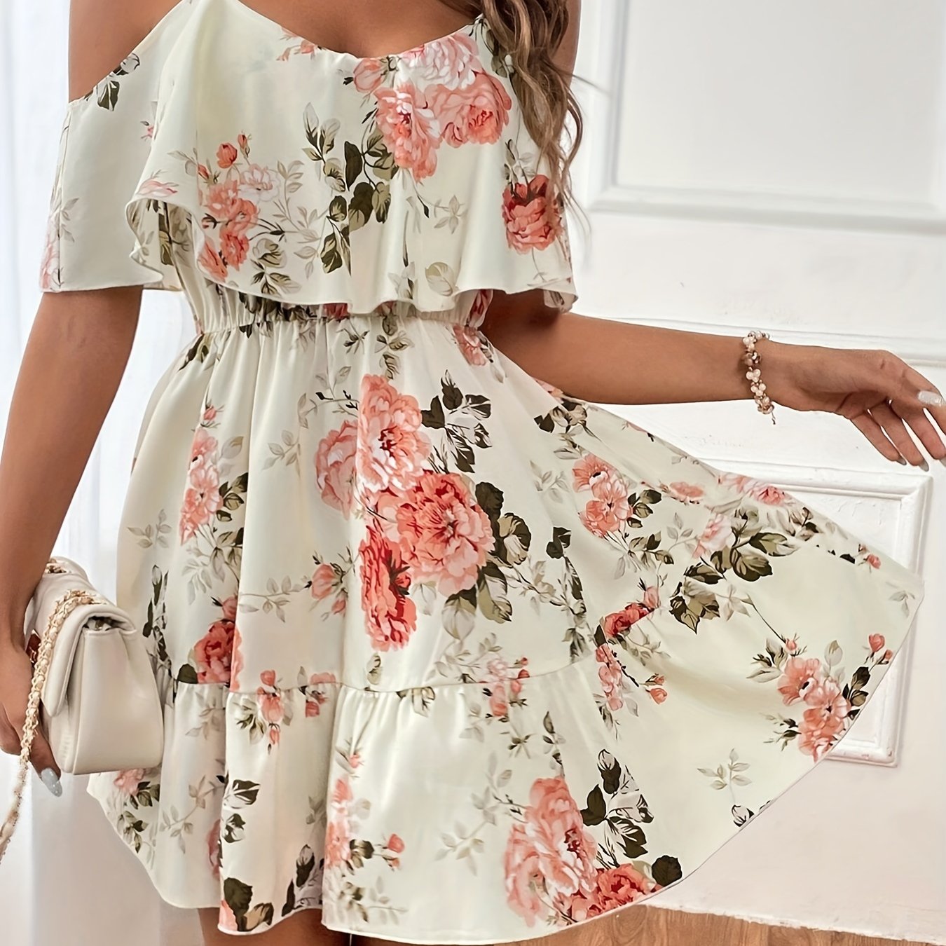 Sixsr Floral Print Cold Shoulder Dress, Casual Ruffle Trim Dress For Spring & Summer, Women's Clothing