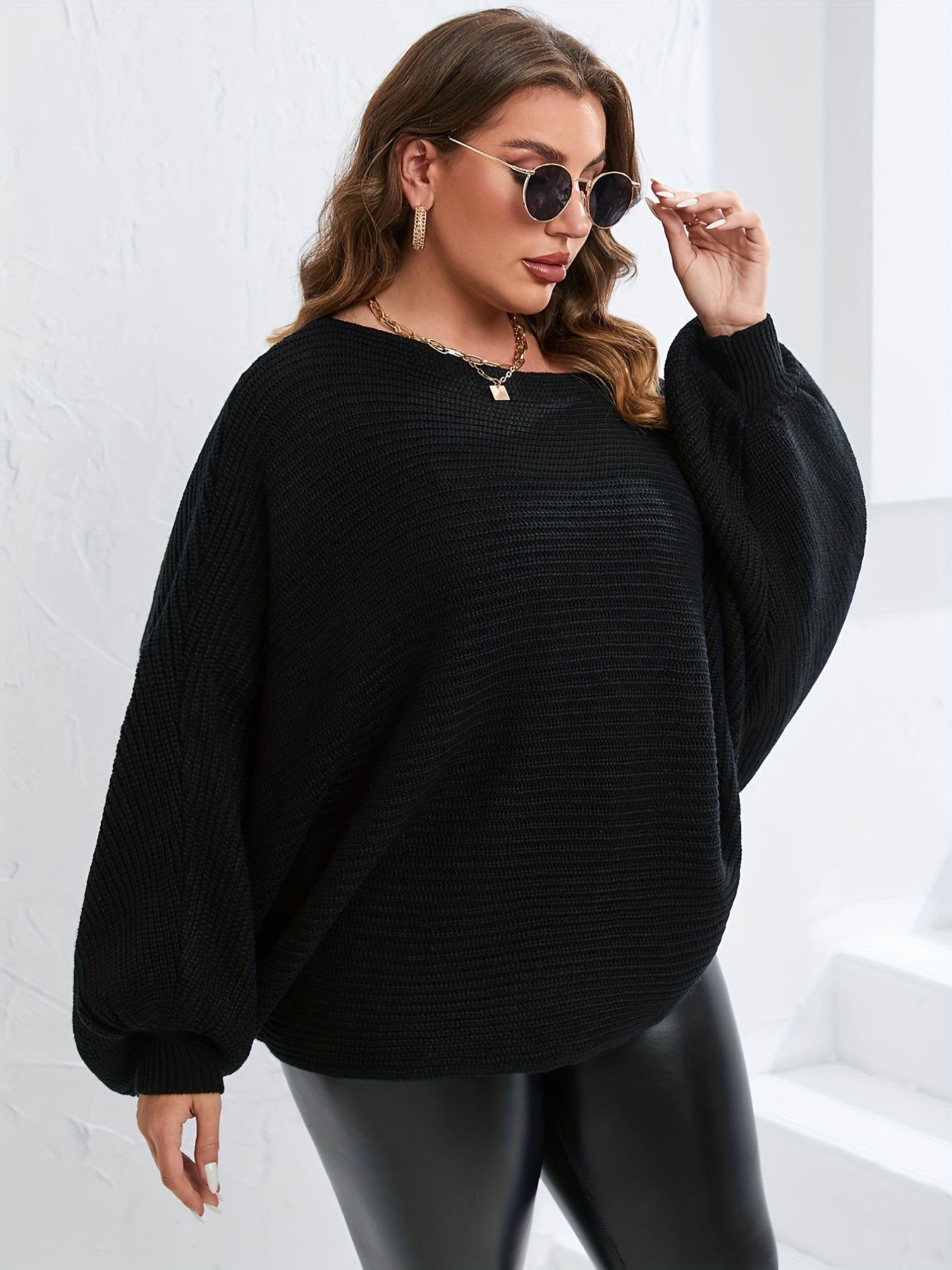 Sixsr Plus Size Off Shoulder Batwing Solid Sweater, Women's Plus Casual Slight Stretch Sweater
