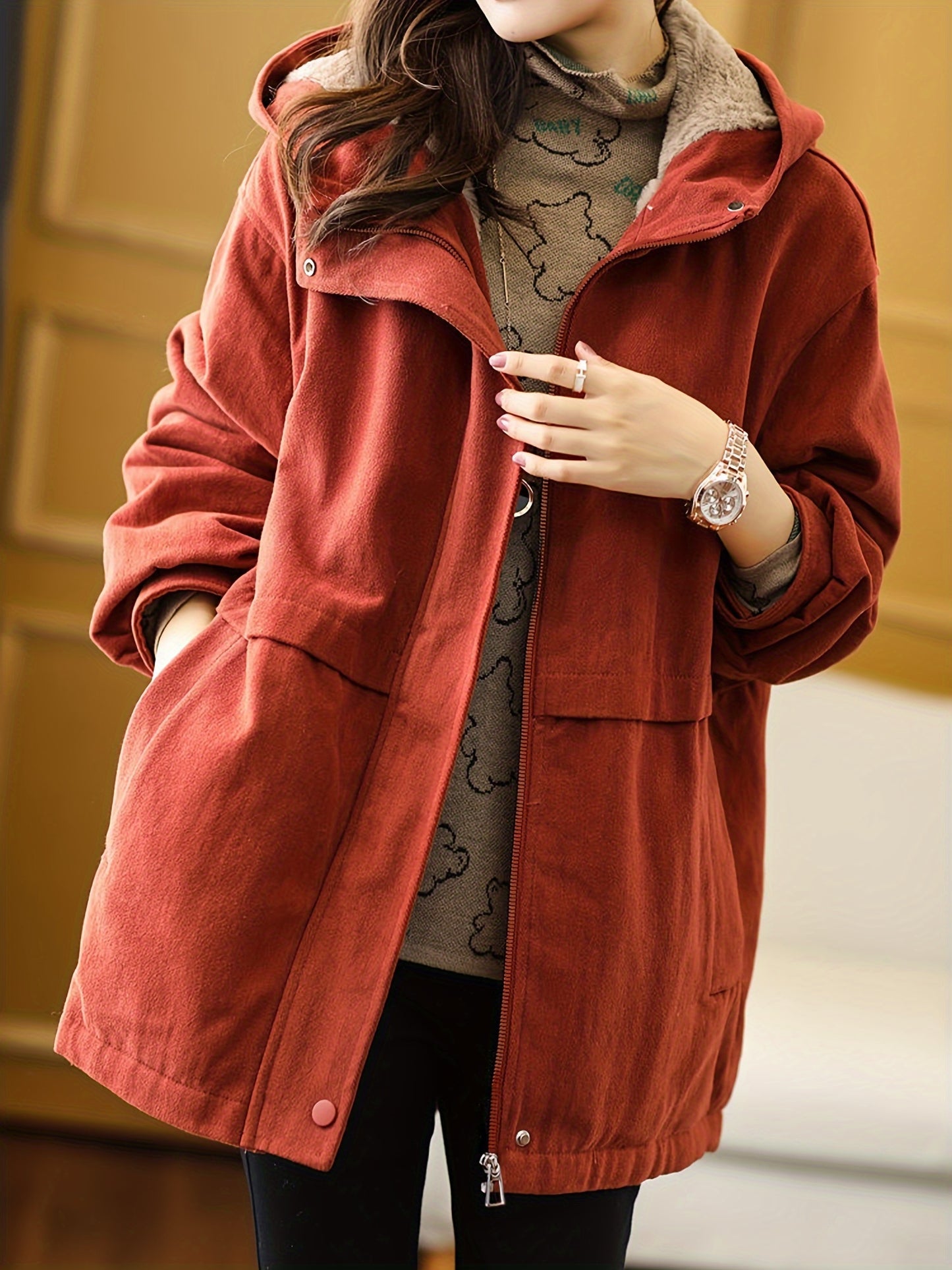 Sixsr Solid Zipper Pockets Hooded Coat, Versatile Long Sleeve Warm Outwear For Fall & Winter, Women's Clothing
