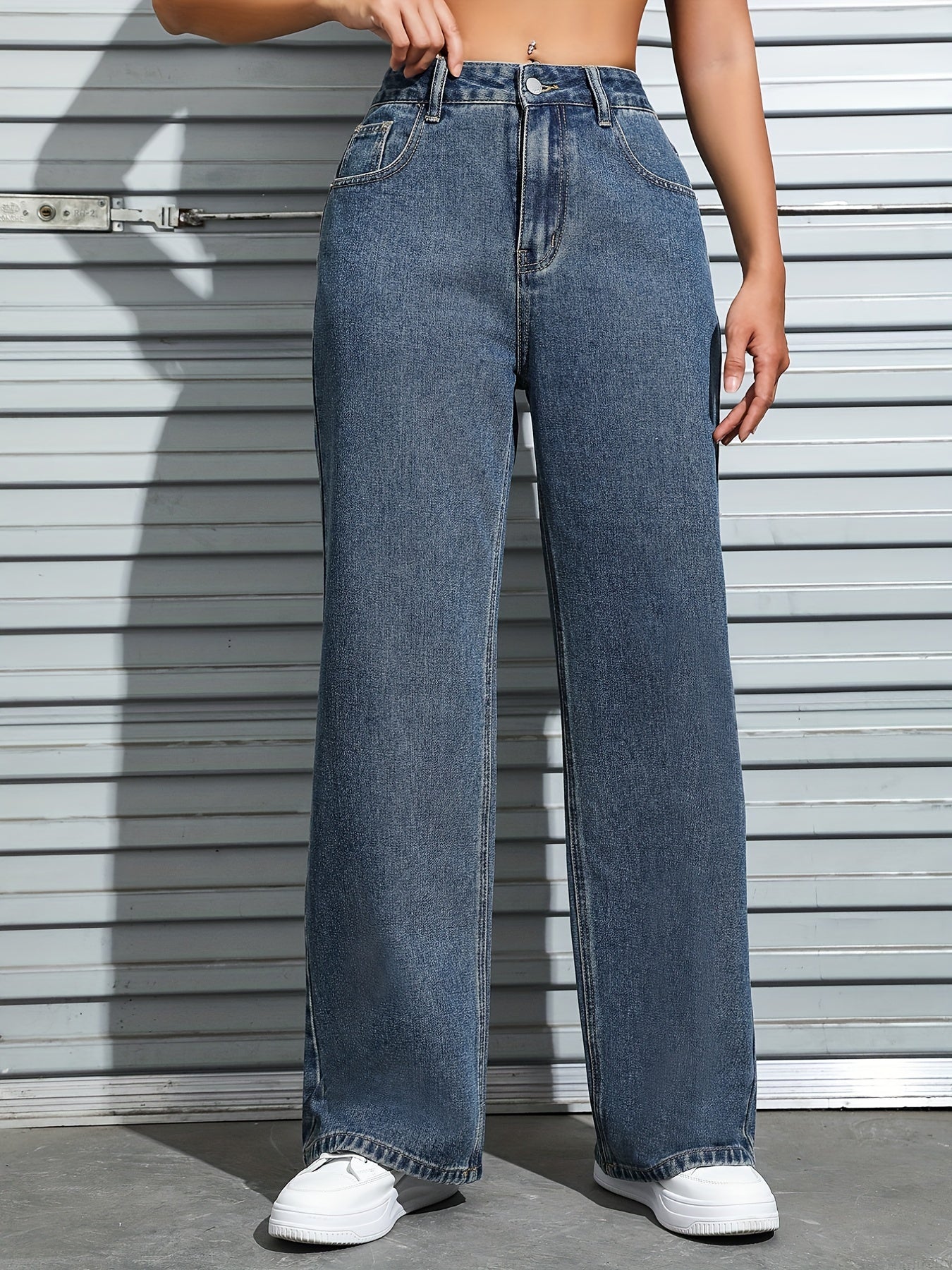 Greatnfb Blue Slant Pockets Straight Jeans, Loose Fit Non-Stretch Casual Wide Legs Jeans, Women's Denim Jeans & Clothing