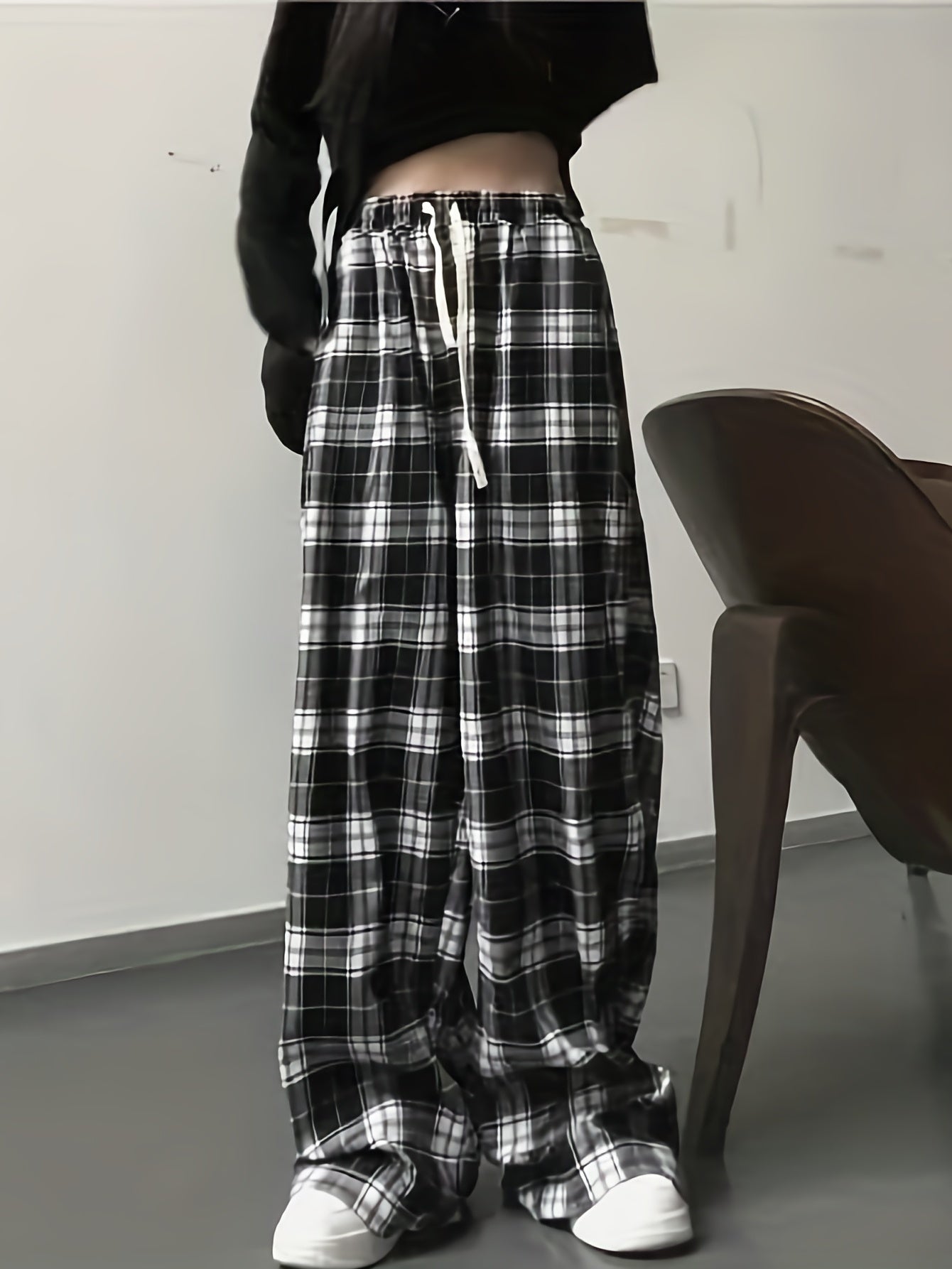 Sixsr Plaid Drawstring Straight Leg Pants, Casual Loose Pants For Spring & Fall, Women's Clothing