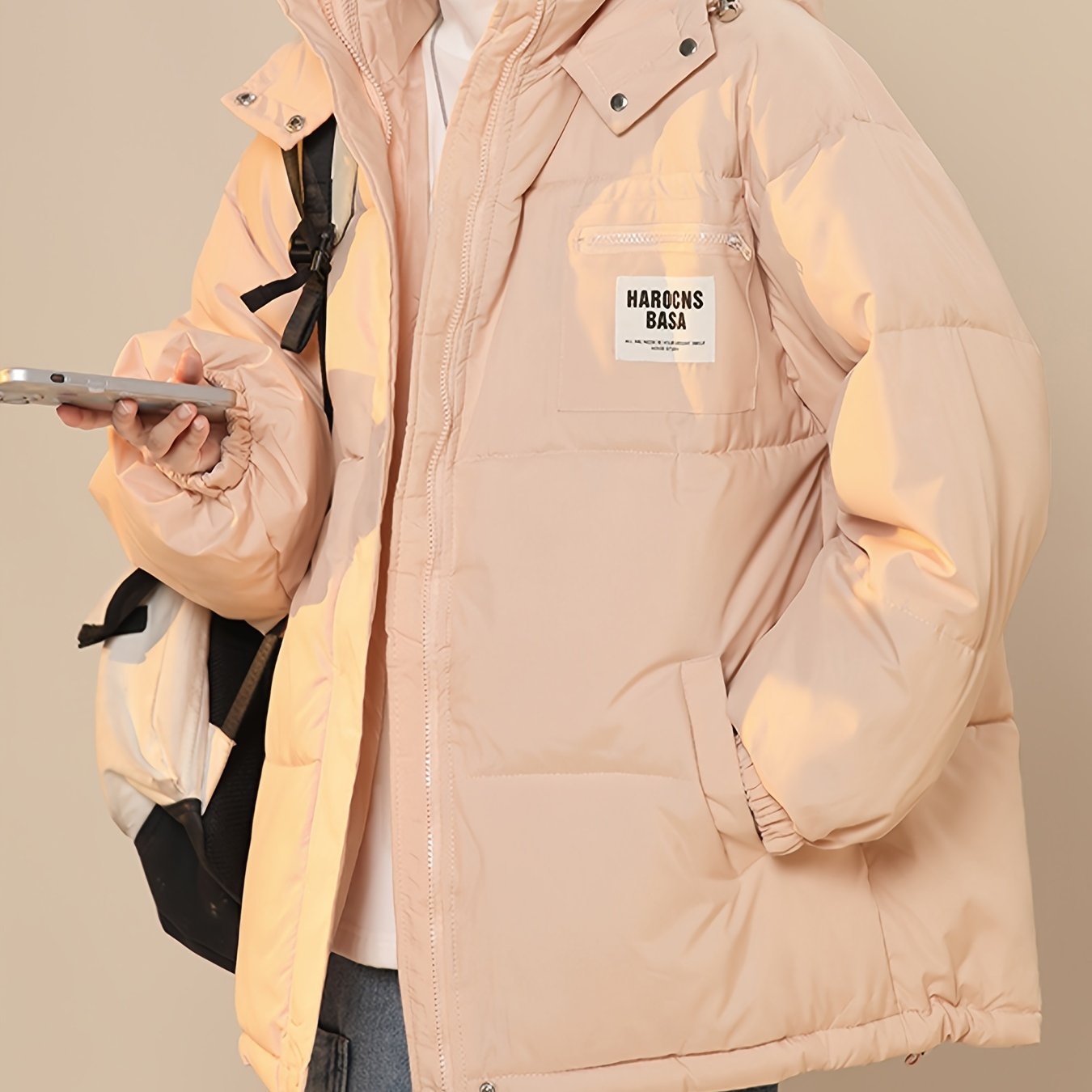 Sixsr Letter Label Patched Hooded Coat, Versatile Long Sleeve Zipper Thermal Coat, Women's Clothing