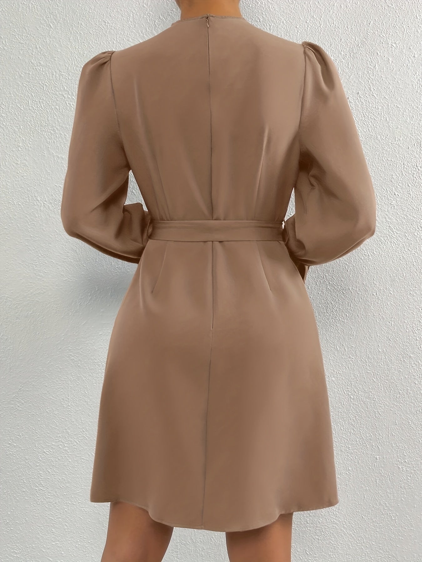 Sixsr Tucked Solid Dress, Elegant Mock Neck Lantern Sleeve Dress, Women's Clothing