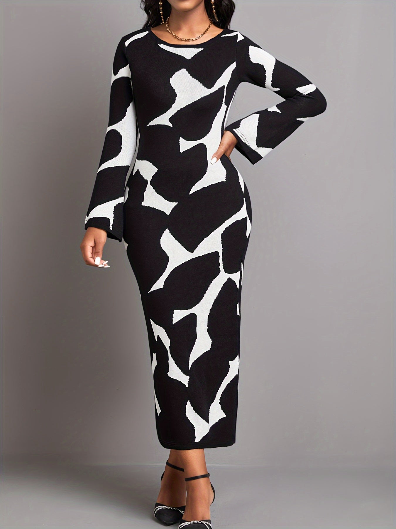 Sixsr Allover Print Crew Neck Bodycon Dress, Elegant Long Sleeve Midi Dress, Women's Clothing