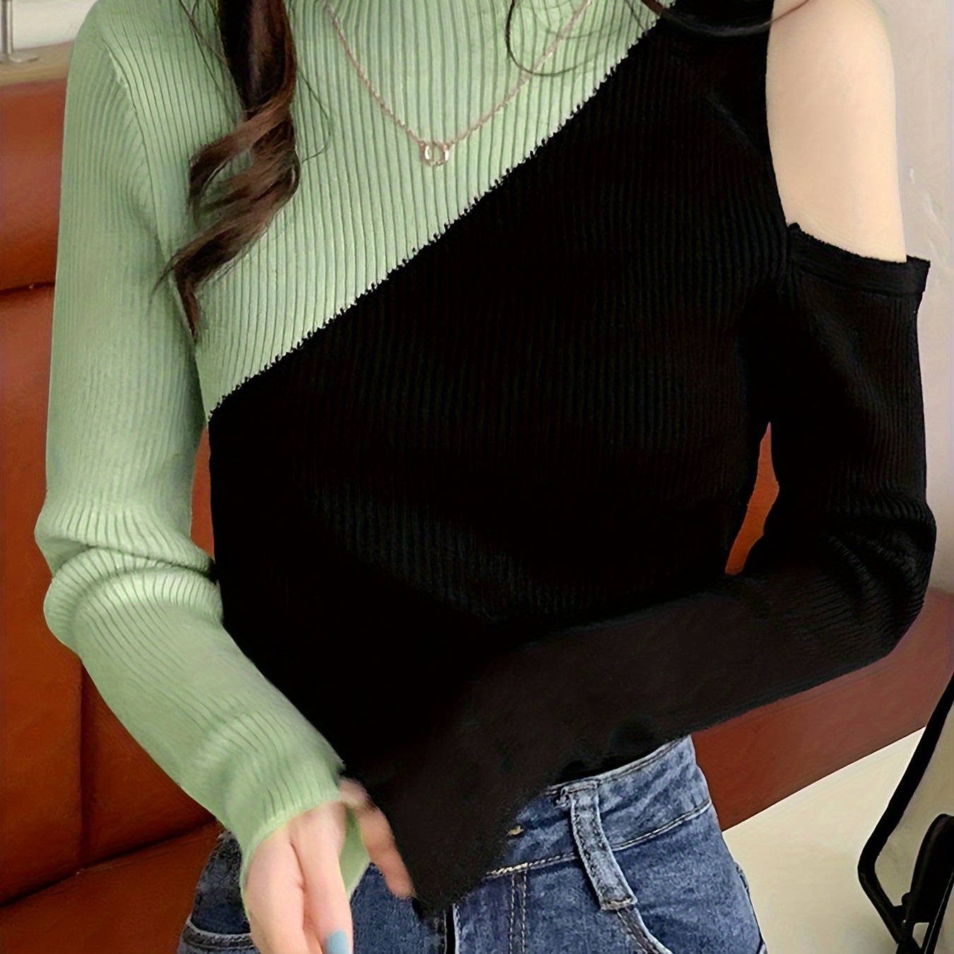 Sixsr Color Block Pullover Sweater, Casual Cold Shoulder Mock Neck Long Sleeve Top, Women's Clothing