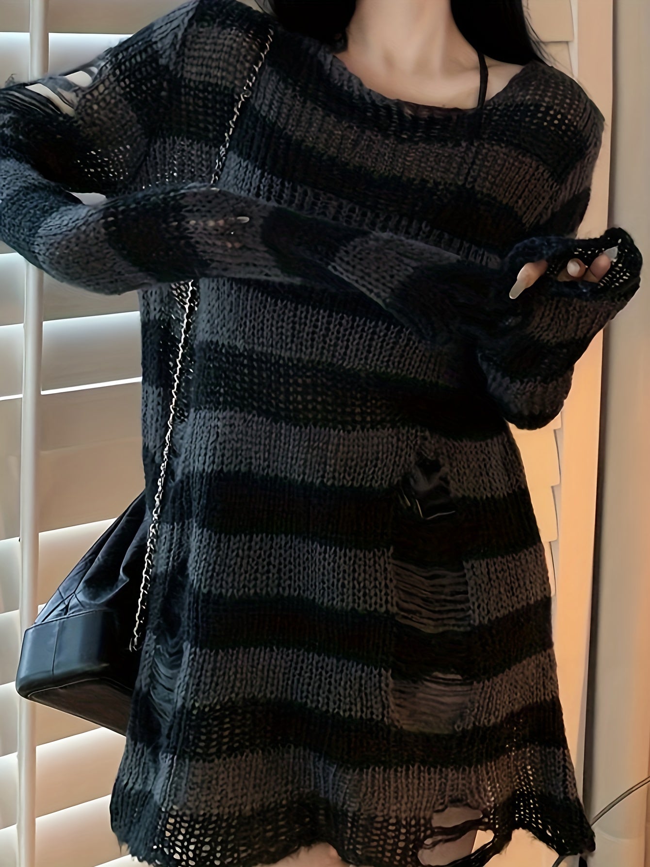 Sixsr Oversized Color Block Ripped Sweater, Casual Long Sleeve Sweater For Spring & Fall, Women's Clothing