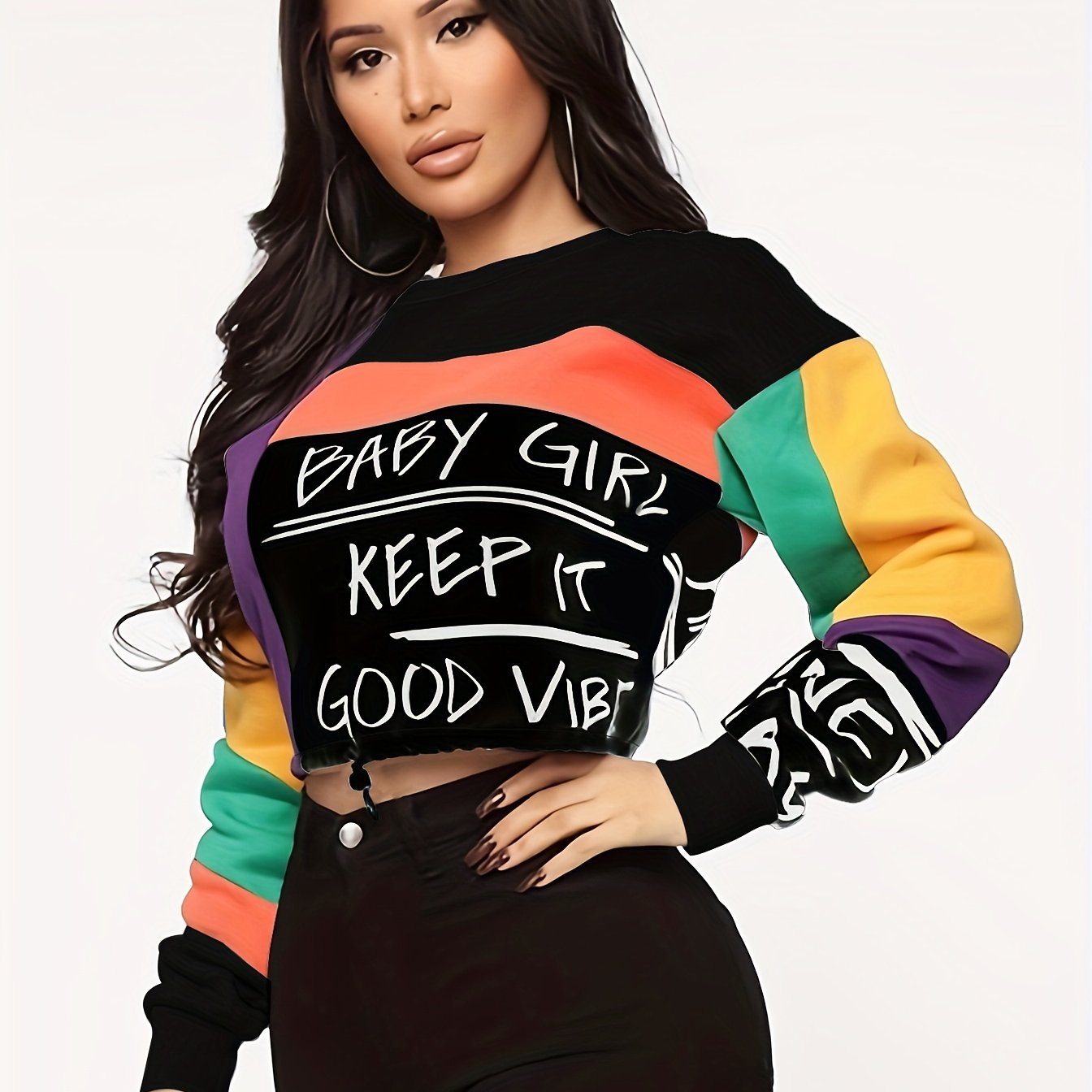 Sixsr Color Block Letter Print Pullover Sweatshirt, Casual Long Sleeve Crew Neck Sweatshirt For Fall & Winter, Women's Clothing