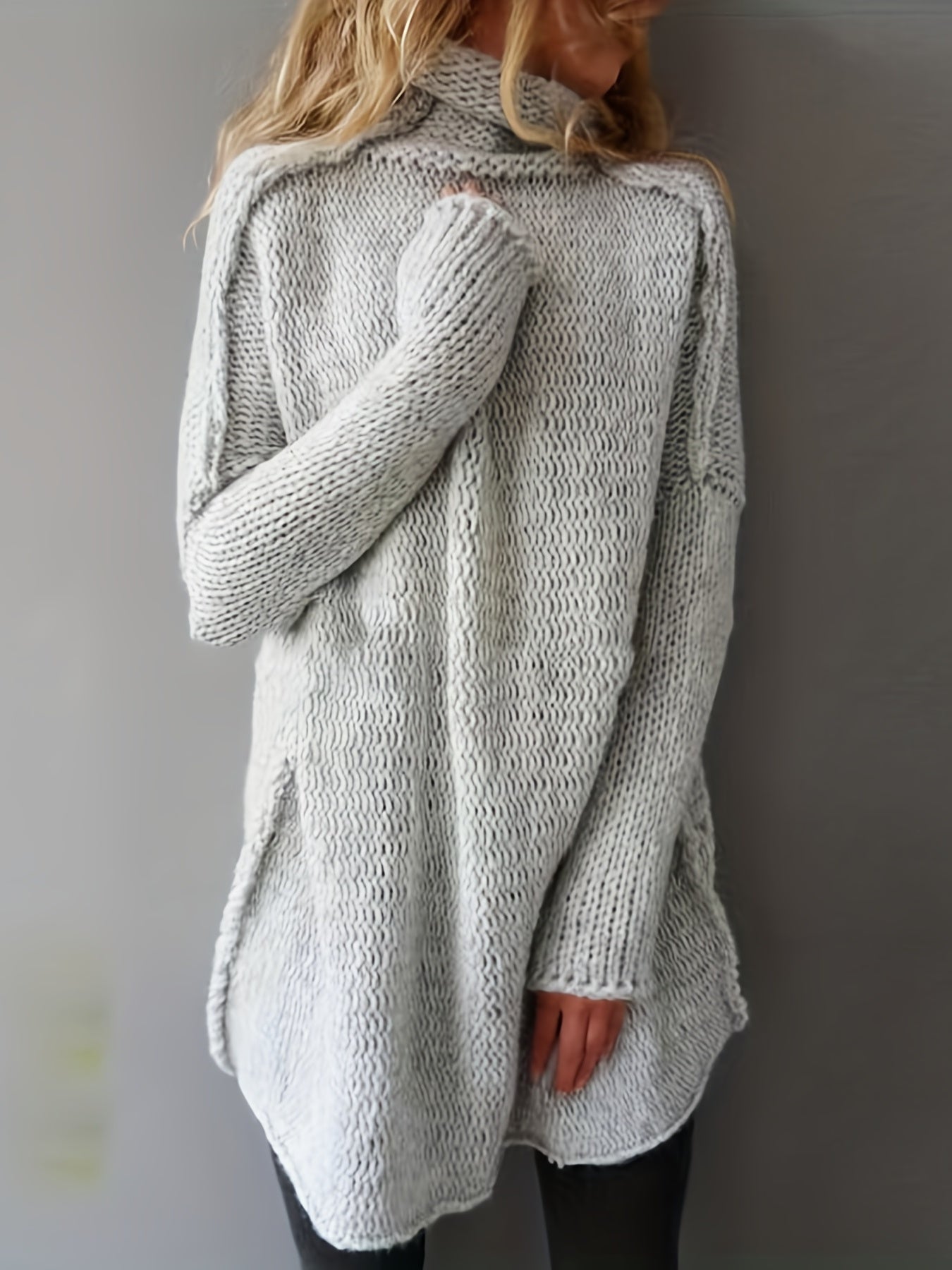 Sixsr Solid Turtle Neck Mid Length Sweater, Casual Long Sleeve Sweater For Fall & Winter, Women's Clothing