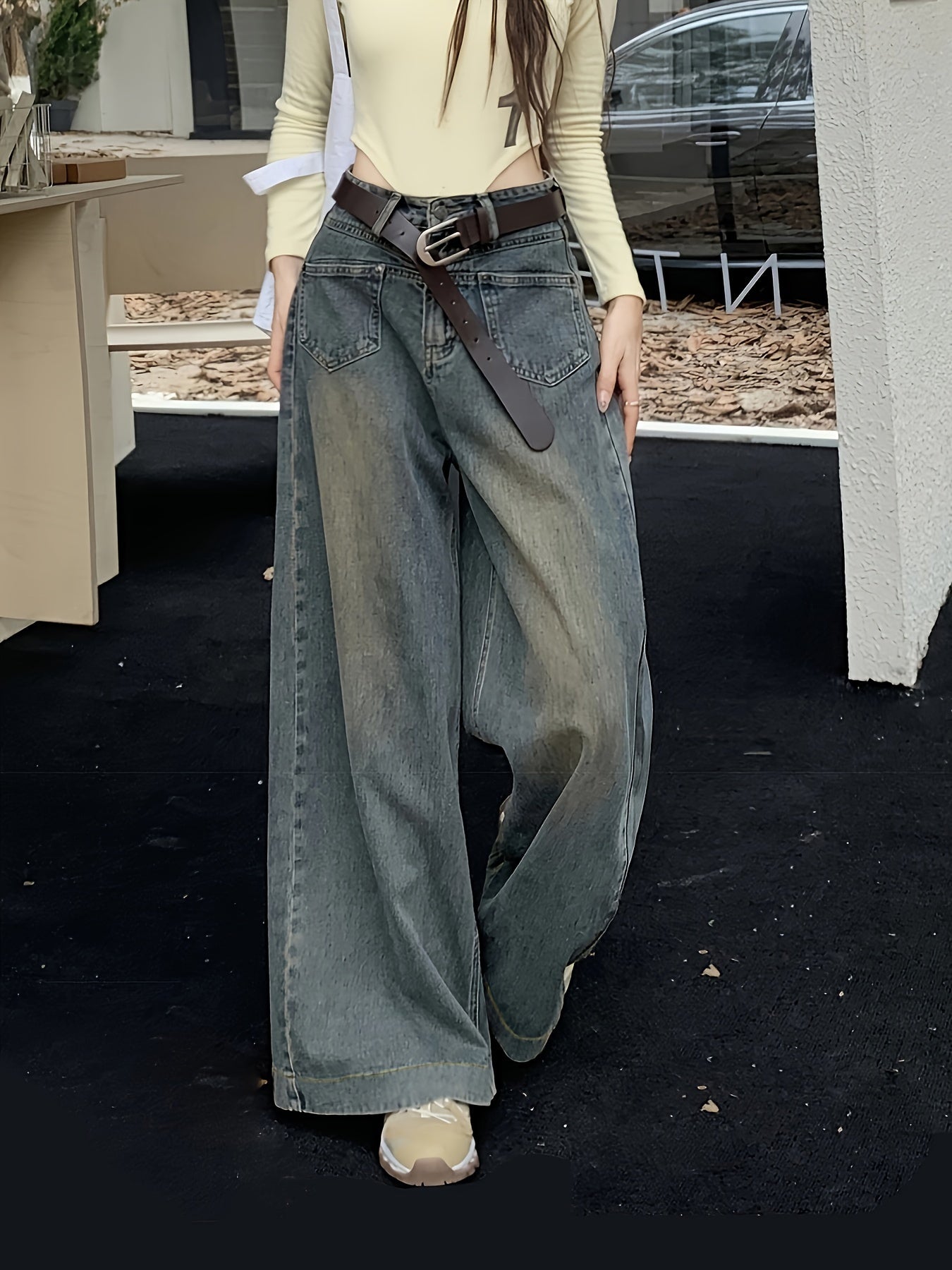 Sixsr High Waist Washed Baggy Jeans, Fleece Liner Loose Fit Without Waistband Wide Legs Jeans, Women's Denim Jeans & Clothing