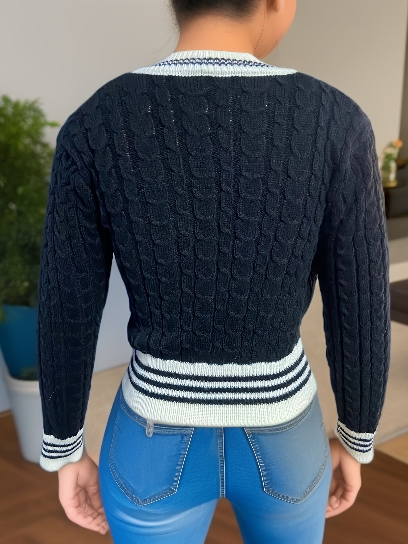 Sixsr Contrast Trim Button Down Cable Knit Cardigan, Casual V Neck Long Sleeve Crop Sweater, Women's Clothing