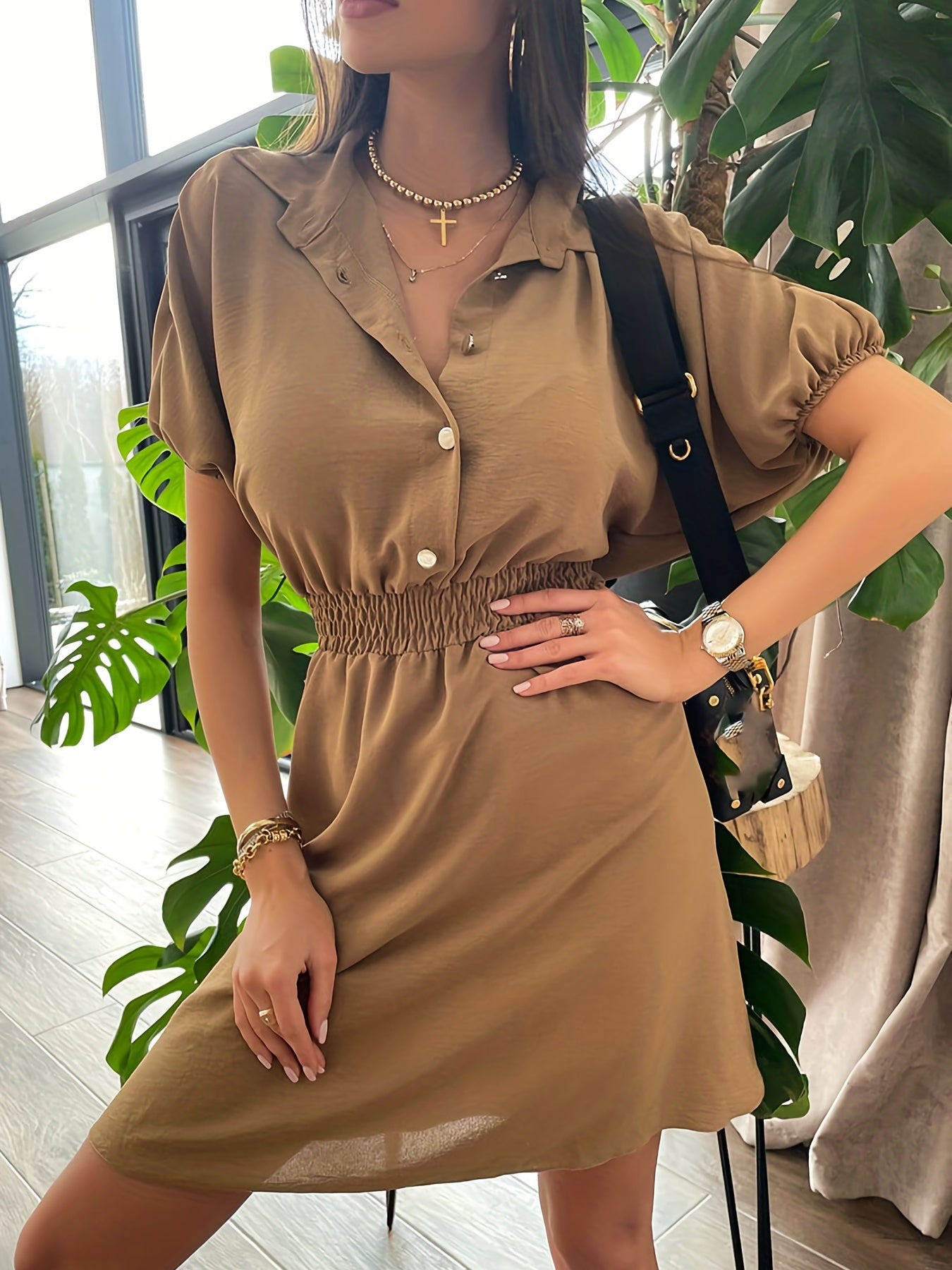 Sixsr Solid Smocked Waist Dress, Casual Button Front Turn Down Collar Short Sleeve Dress, Women's Clothing