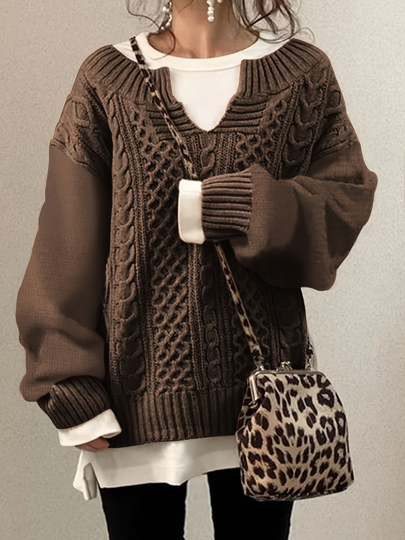 Sixsr Plus Size Casual Sweater, Women's Plus Solid Jacquard Long Sleeve Notched Neck Slight Stretch Sweater