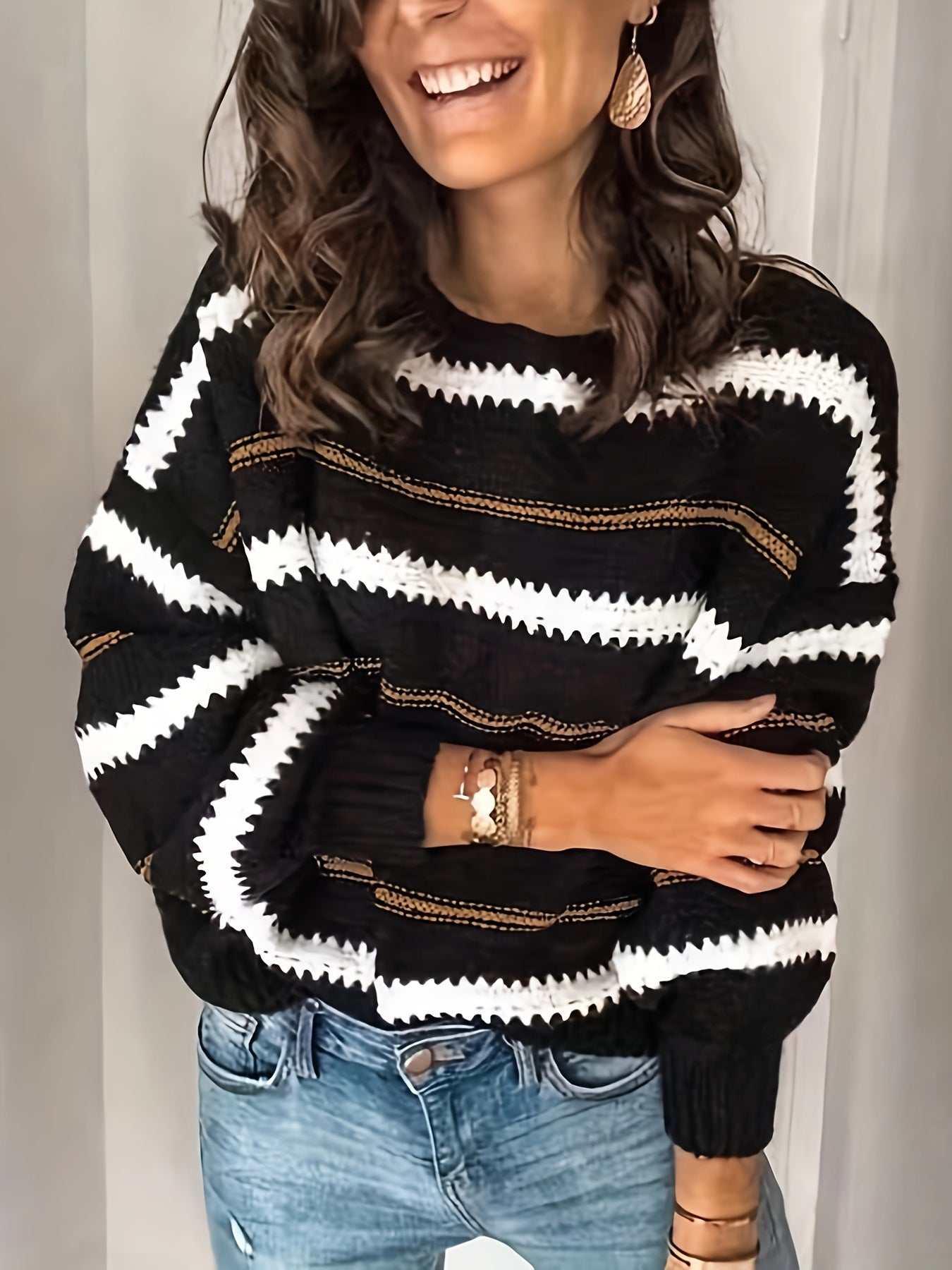 Sixsr Striped Pattern Crew Neck Knitted Top, Casual Long Sleeve Pullover Sweater For Fall & Winter, Women's Clothing